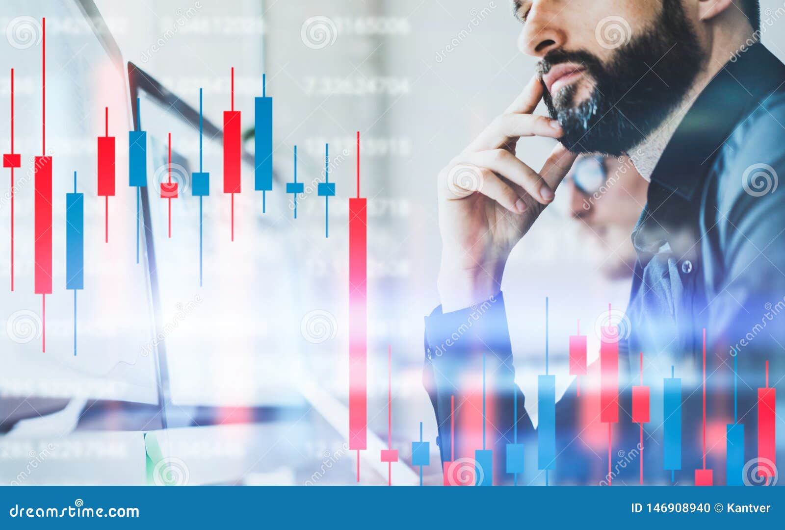 crypro stock investors sitting front of desktop computer with technical price graph and indicator, red and green