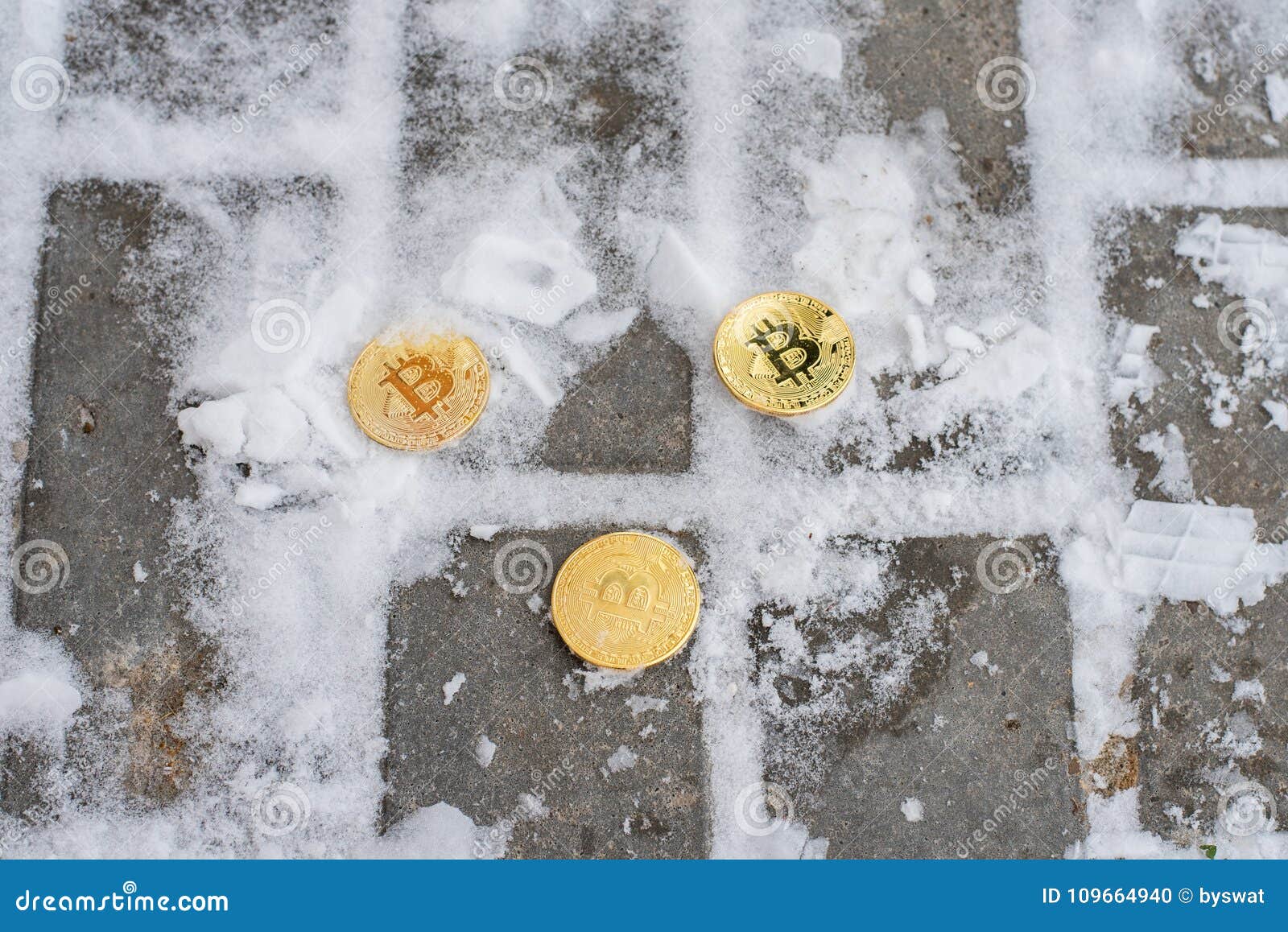 Crypto Currency Bitcoin, Gold Coins Lie On Asphalt In ...