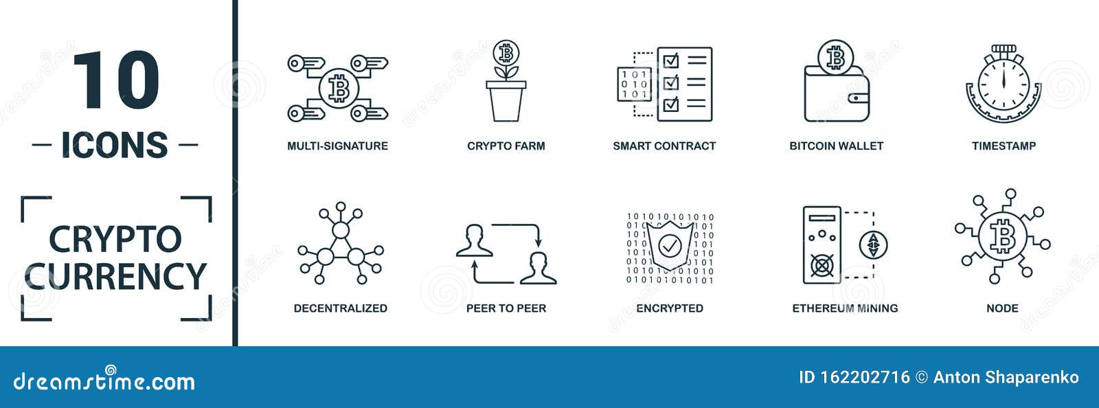 crypto currency icon set. include creative s decentralized, encrypted, ethereum wallet, node, halving icons. can be used