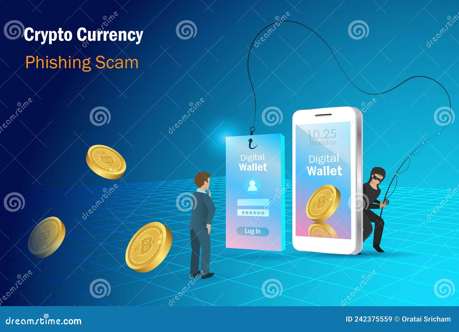 Crypto Currency Phishing Scam, Cyber Attack. Hacker, Scammer Online