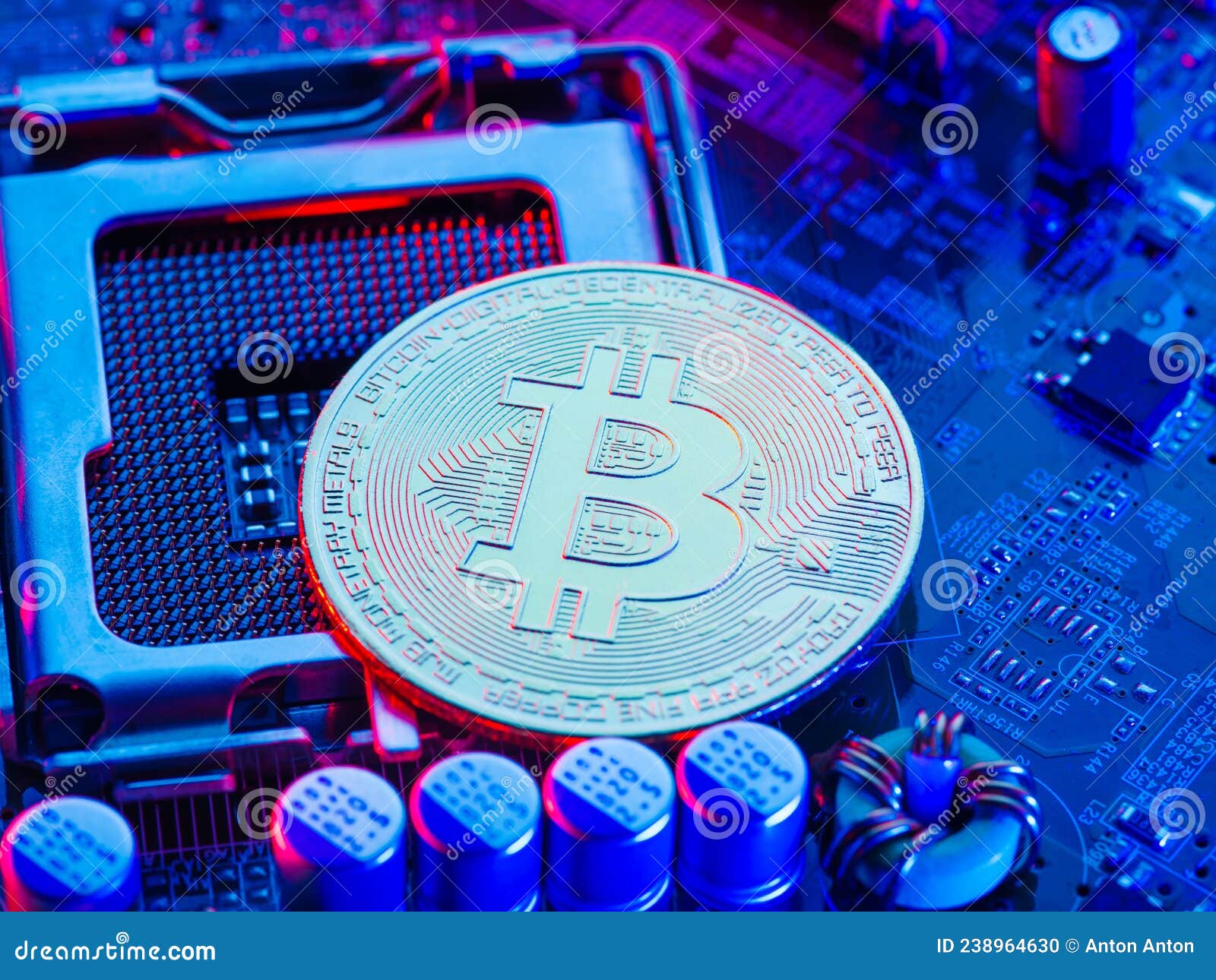 Cryptocurrency Bitcoin on the Desktop of a Personal Computer Processor.  Neon Lighting. Technological Background Stock Photo - Image of information,  equipment: 238964630