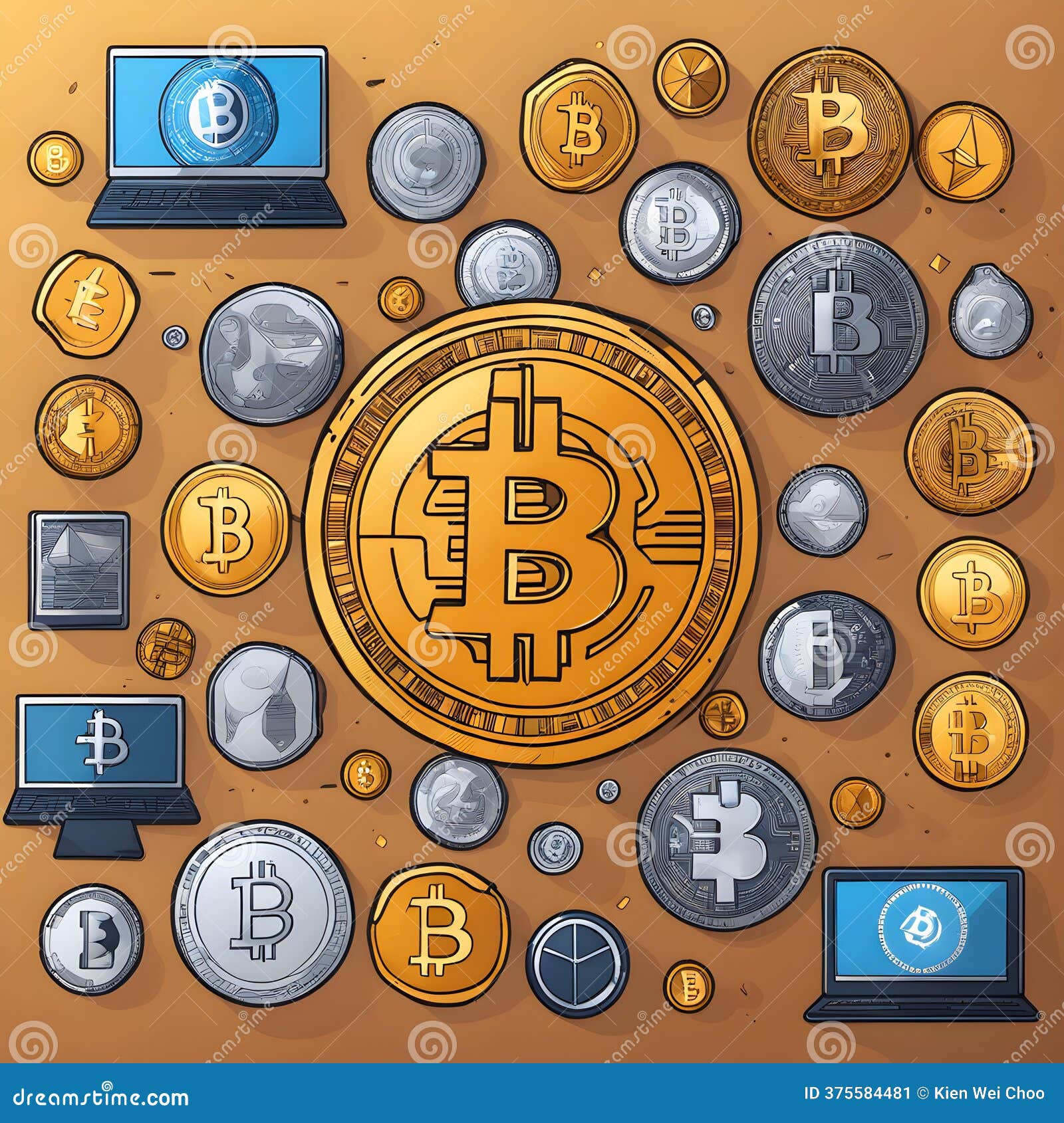 Cryptocurrency Coins (Bitcoin, Ethereum) on a Tech-themed Background,  Overlaid with Blockchain Icons. 16:9 Stock Illustration - Illustration of  theme, metallic: 375584481