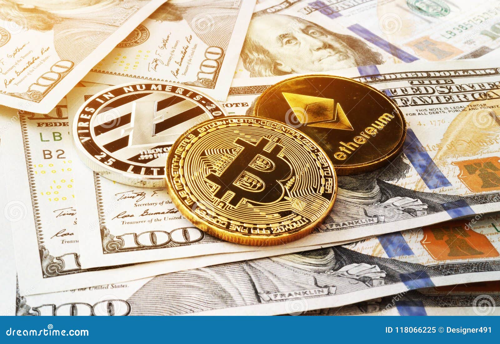 Cryptocurrency Coins On A Dollar Bills. Crypto Exchange ...