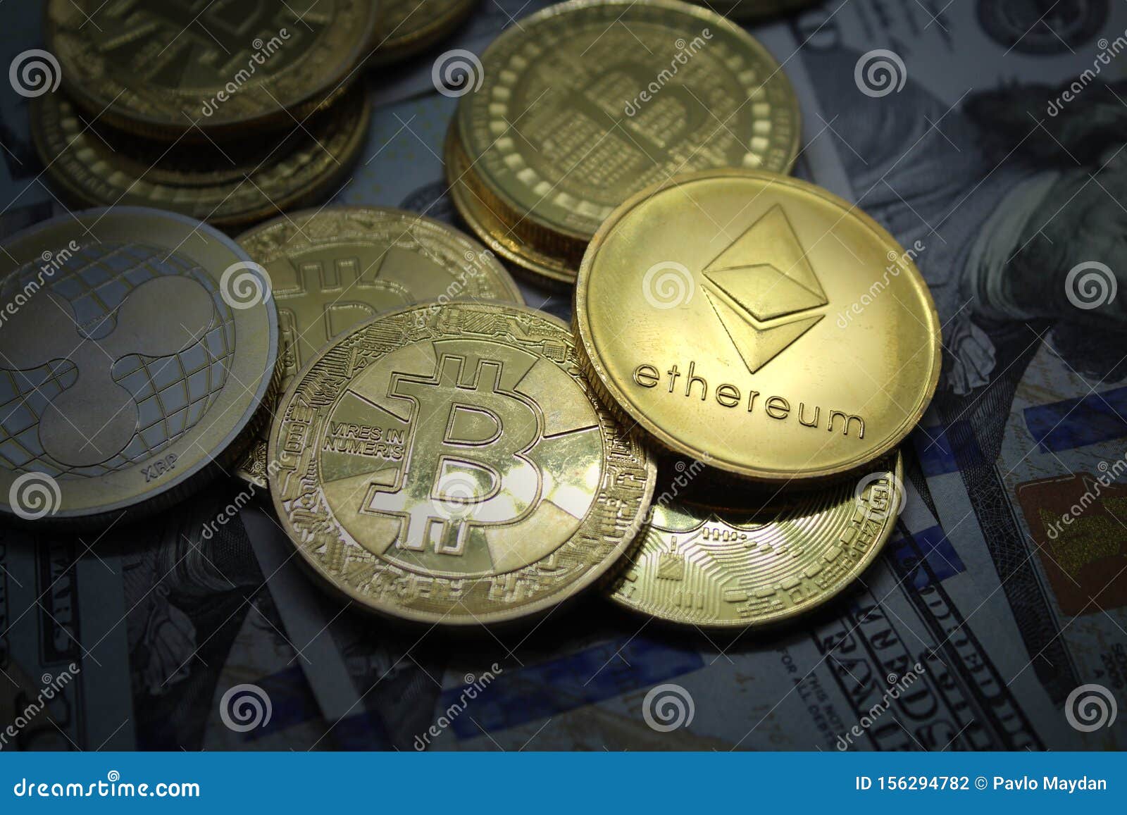 Cryptocurrency Coins New Virtual Money On A Dollar Bills ...