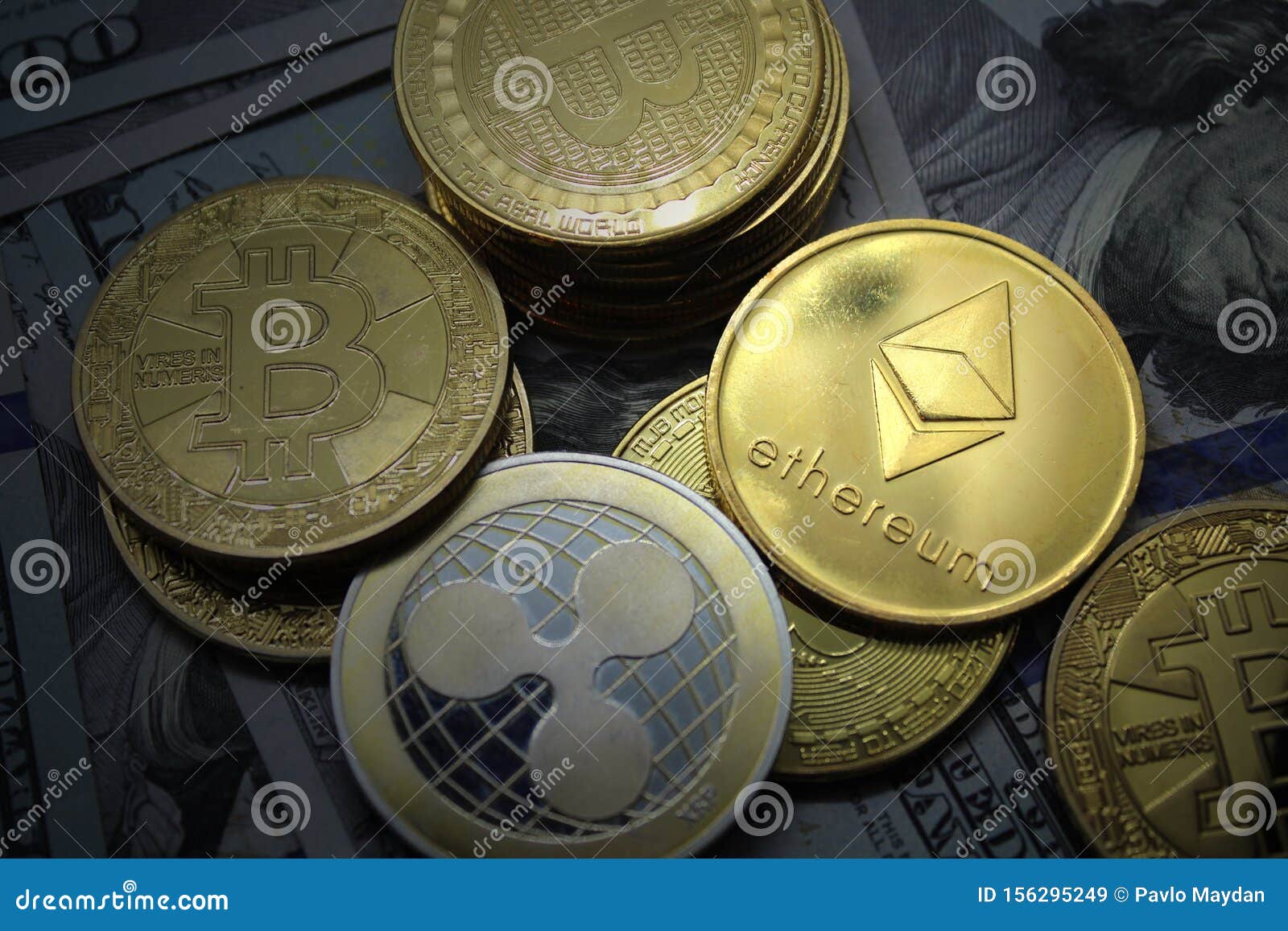 Cryptocurrency Coins New Virtual Money On A Dollar Bills ...