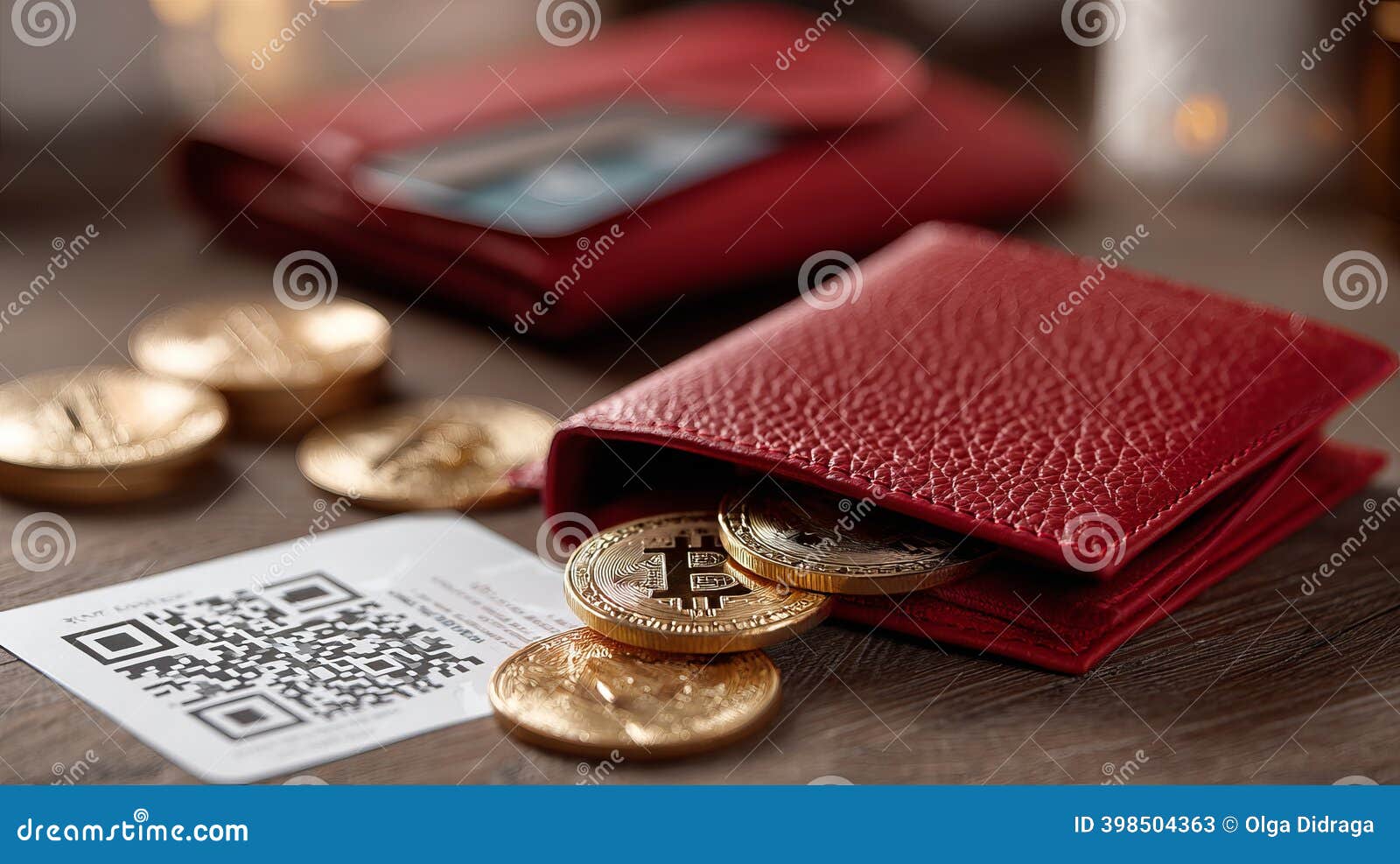 Cryptocurrency Coins in Red Wallet with Qr Code on Table Stock Image -  Image of savings, investment: 398504363