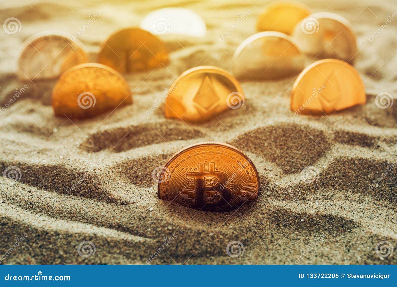 Cryptocurrency Coins In Sand Stock Photo - Image of ...