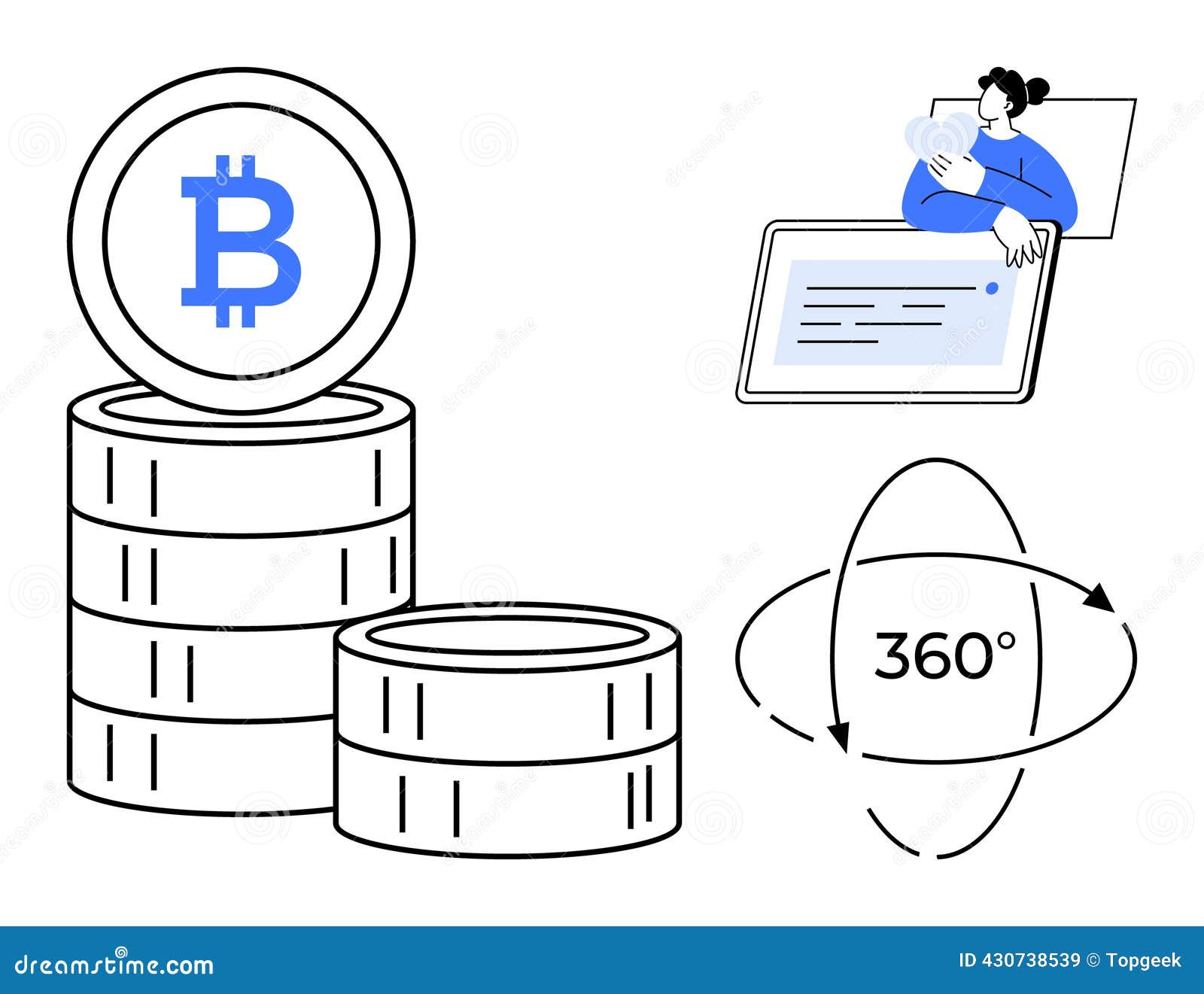 Cryptocurrency Concept with Bitcoin Symbol Coins, Digital Interaction, and  360 Degree Illustration Stock Vector - Illustration of flat, miner:  430738539