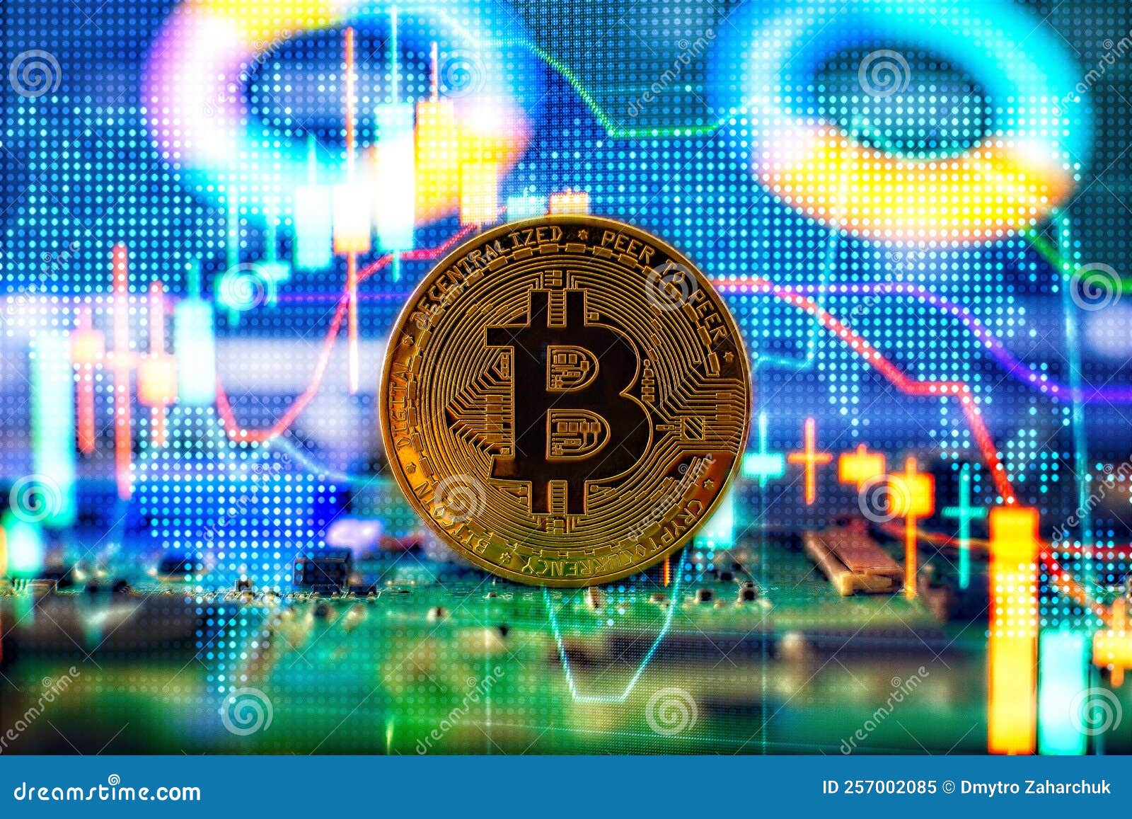 Cryptocurrency Concept , Golden Bitcoin on Mainboard , the Future of