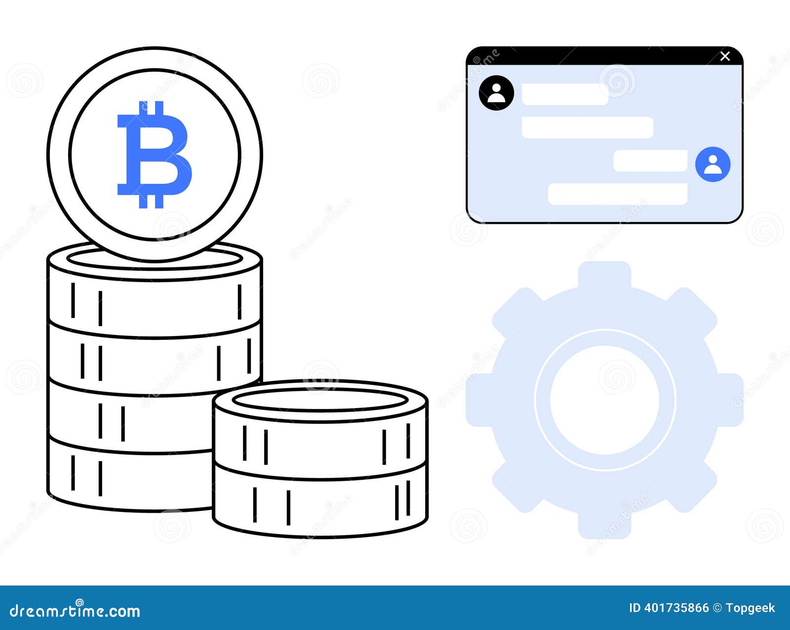 Cryptocurrency Concept with Stacked Bitcoin Coins, Settings Gear, and Chat  Interface Stock Vector - Illustration of payment, digital: 401735866