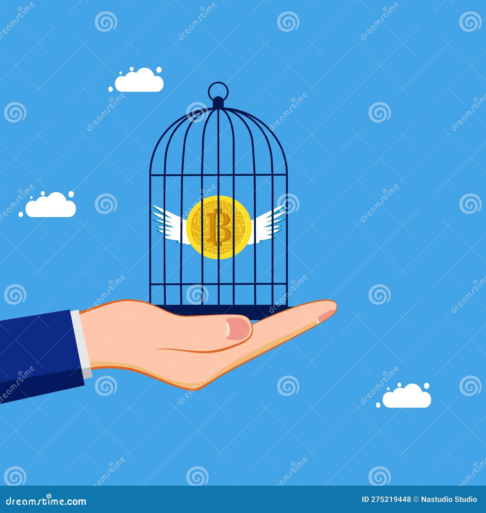cryptocurrency control. confine or lock digital coins in a birdcage. concept of finance and investment
