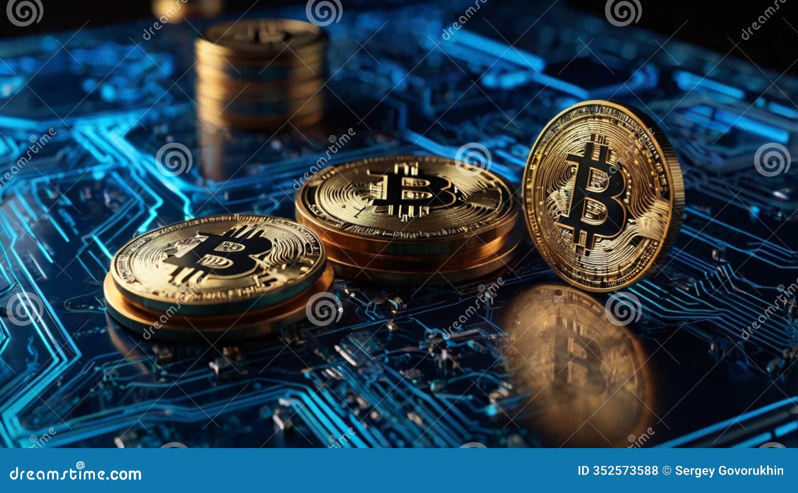 Cryptocurrency Digital Coins with the Bitcoin Logo, High-tech Background  with Circuit Board Patterns and Neon Blue and Gold Lights Stock  Illustration - Illustration of bitcoin, financial: 352573588