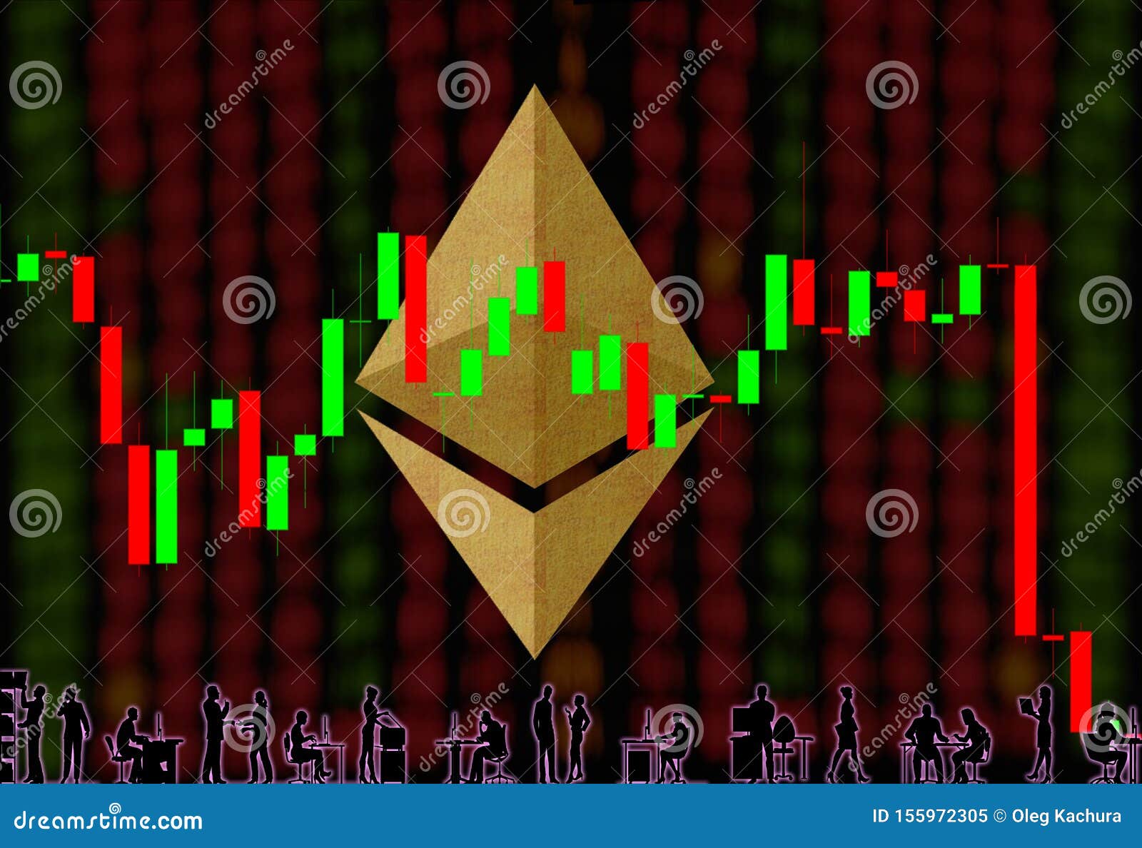 Cryptocurrency Ethereum ETH Sign On A Background Of Blurry Numbers And