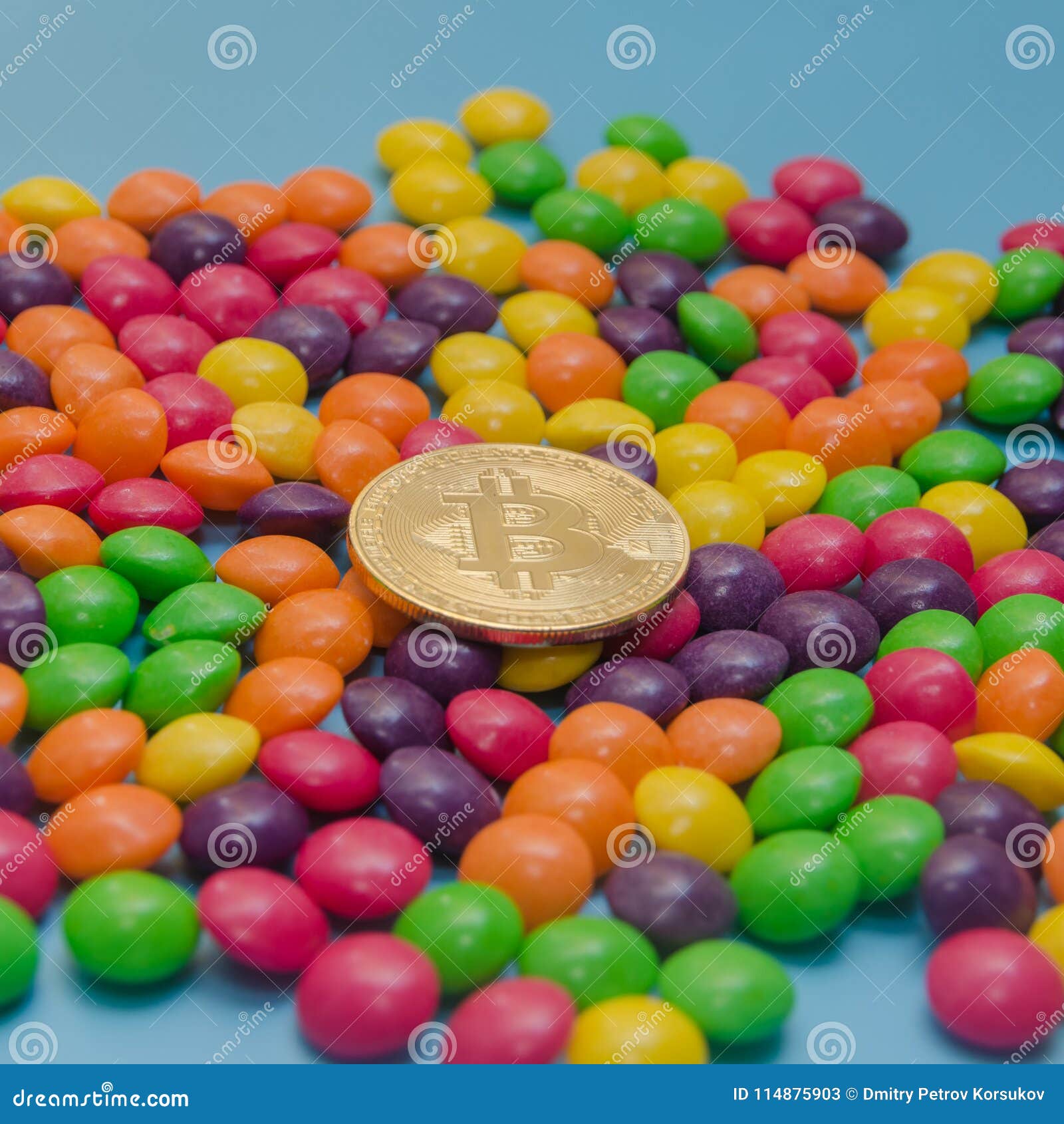 Cryptocurrency Gold Bitcoin Lies on Candy, Caramel Stock Image - Image of  blue, coins: 114875903