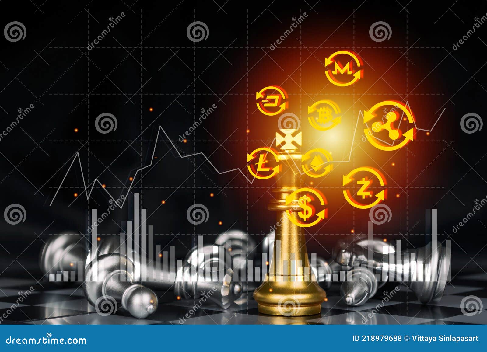 Cryptocurrency. Golden Chess Board Game with Graphic Graph Chart and Crypto  Currency Icon on Dark Background, Cryptocurrency Excha Stock Illustration -  Illustration of chart, financial: 218979688
