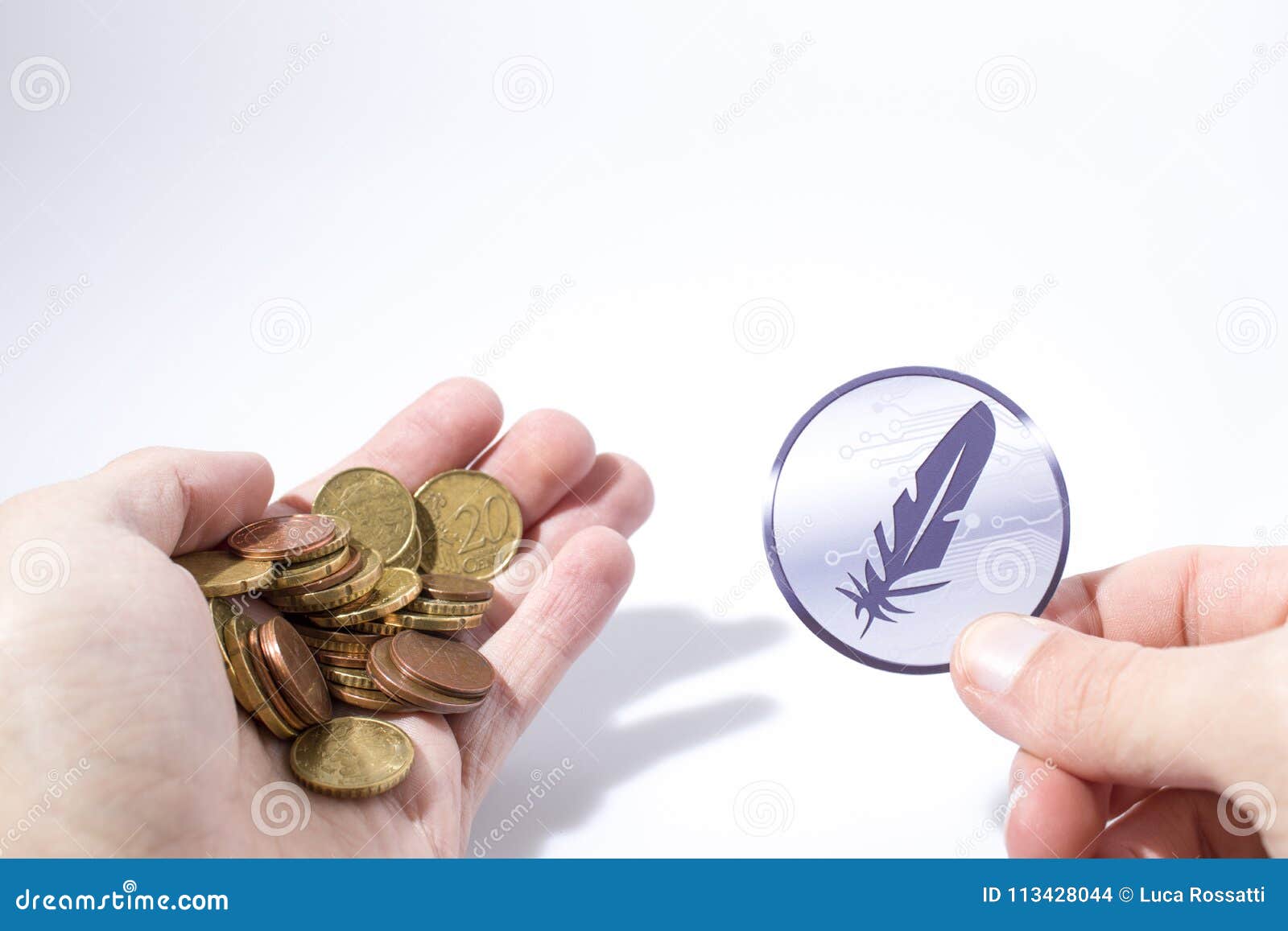 Cryptocurrency Hand Is Holding Euro Coins And A ...