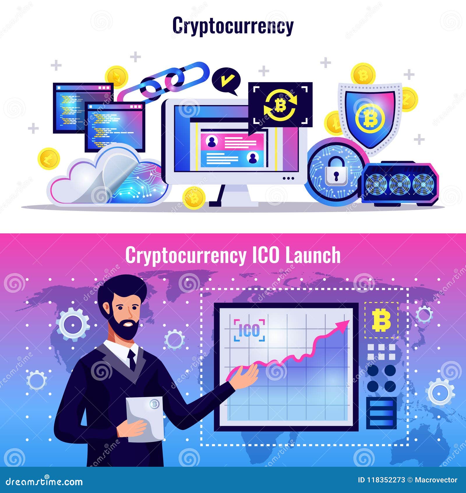 Cryptocurrency Horizontal Banners Stock Vector - Illustration of develop,  banking: 118352273
