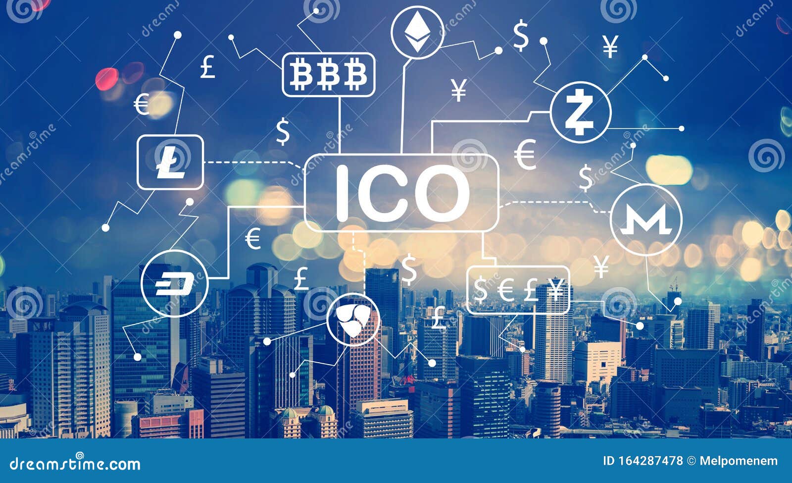 Cryptocurrency ICO Theme With Aerial View Of City Skylines ...