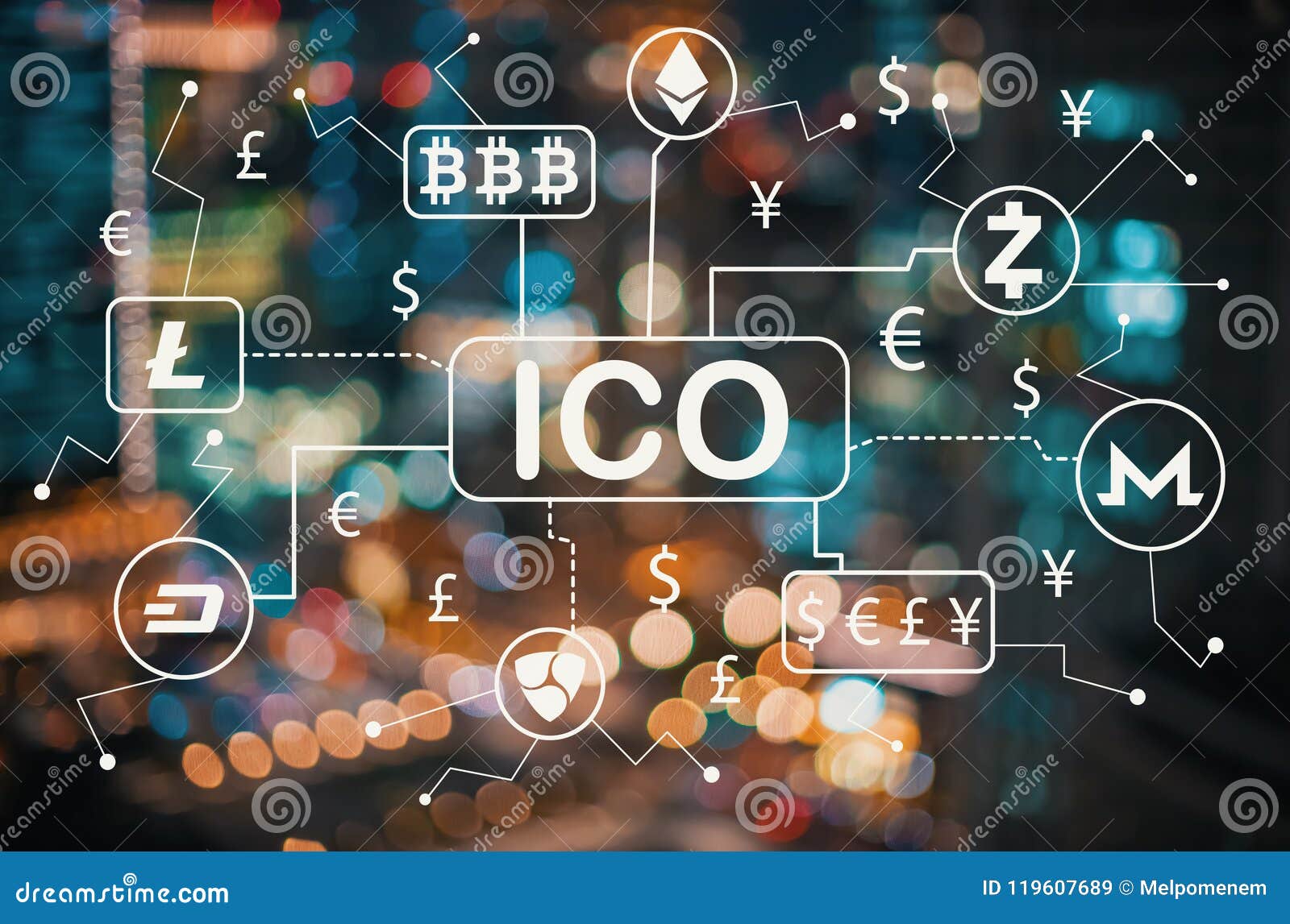 Cryptocurrency ICO Theme With Blurred City Lights Stock ...