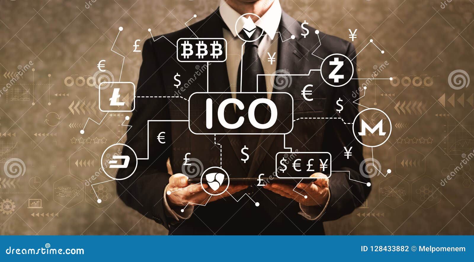 Cryptocurrency ICO Theme With Businessman Holding A Tablet ...