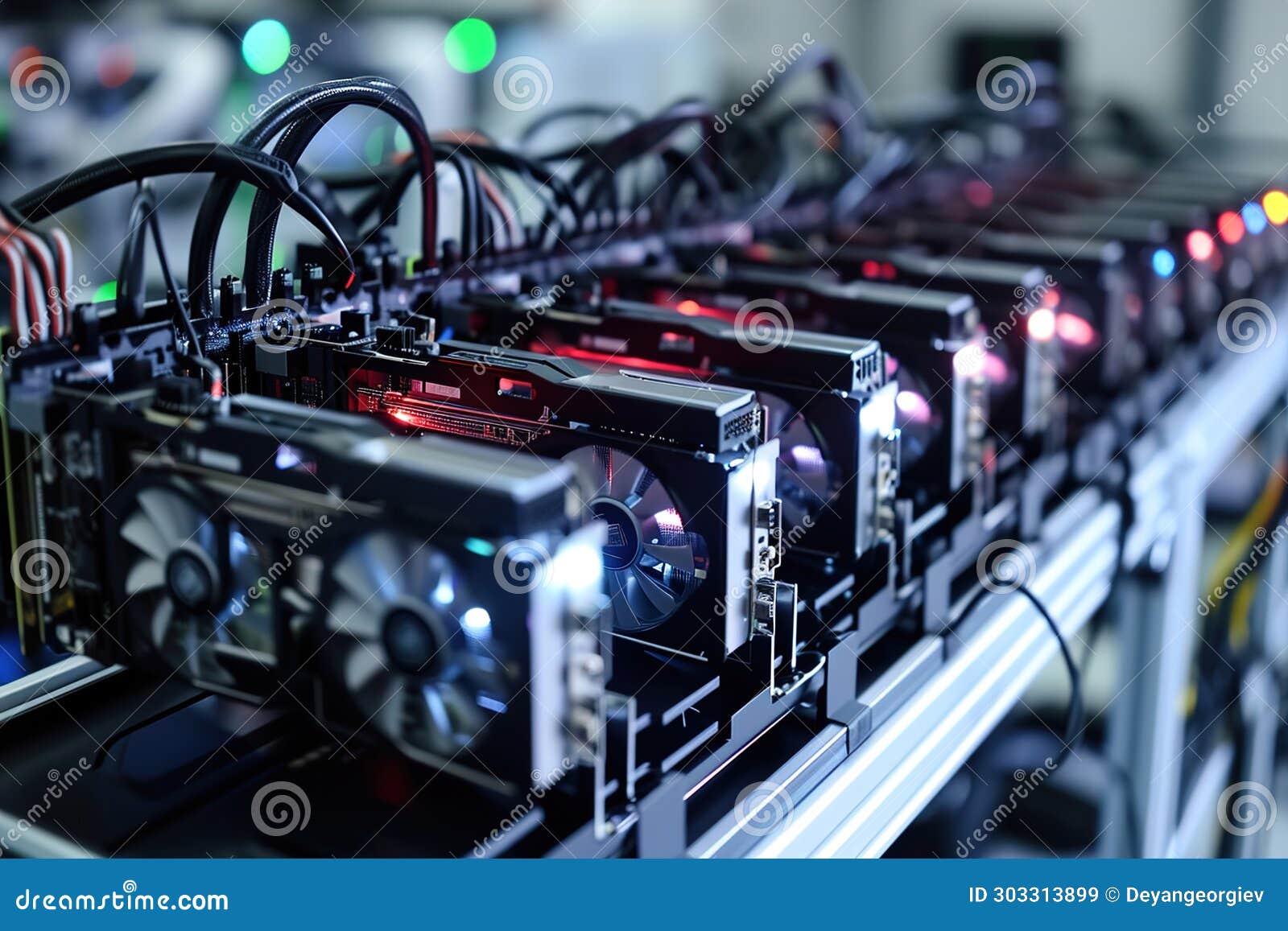 cryptocurrency mining rigs with powerful gpus. colorful illuminated video cards.