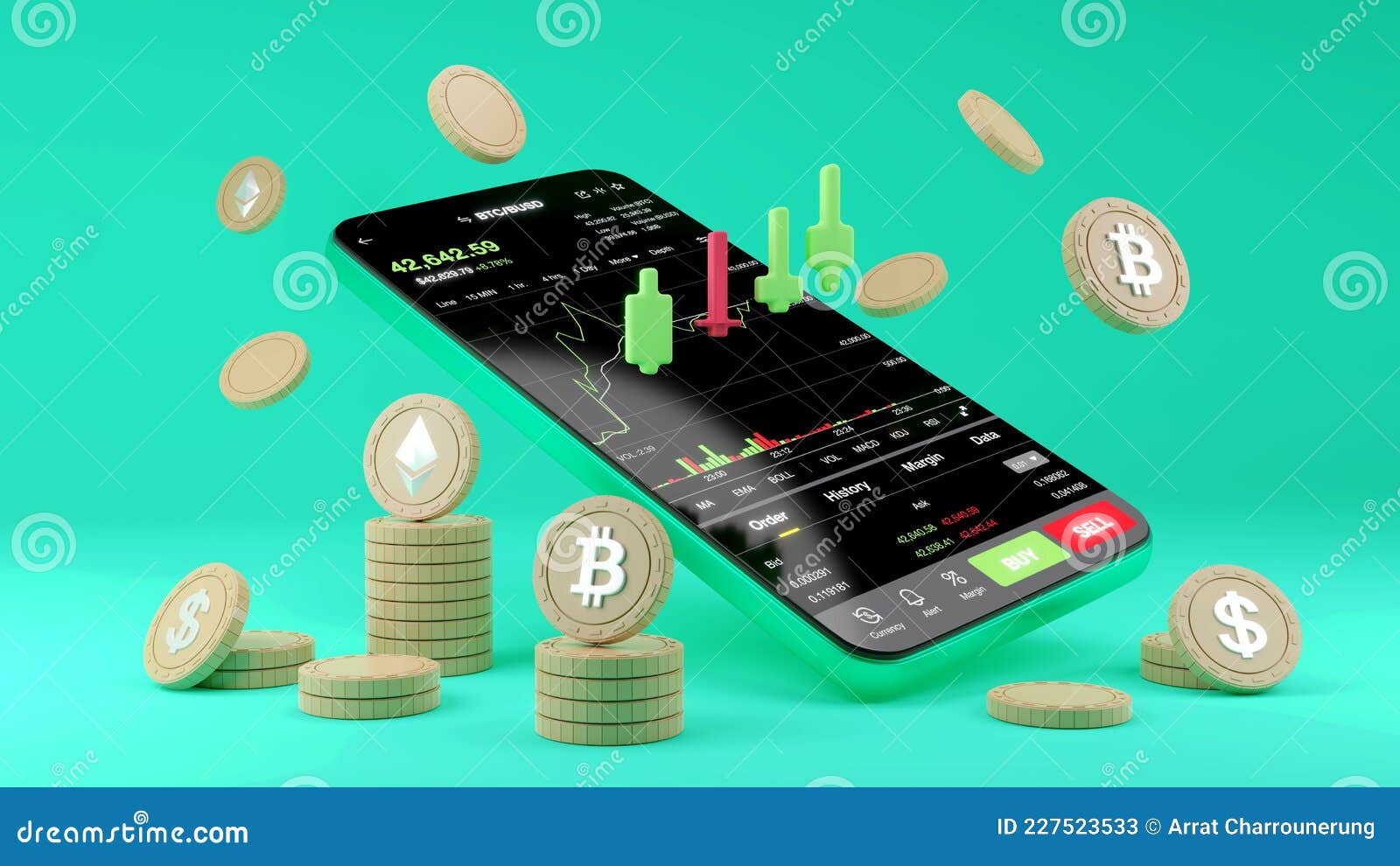 cryptocurrency trading or bitcoin on smartphone and growth stock exchange data information investment. trader concept. 3d
