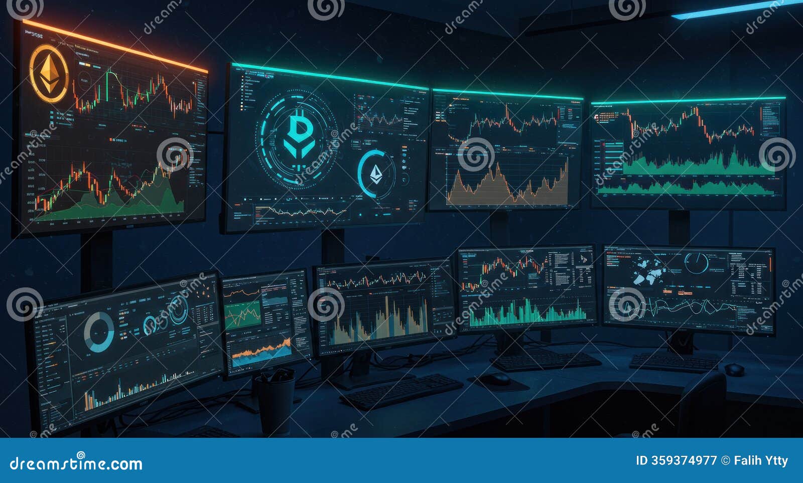 Cryptocurrency Trading Room Multiple Monitors Displaying Charts Stock Image  - Image of cryptocurrency, night: 359374977