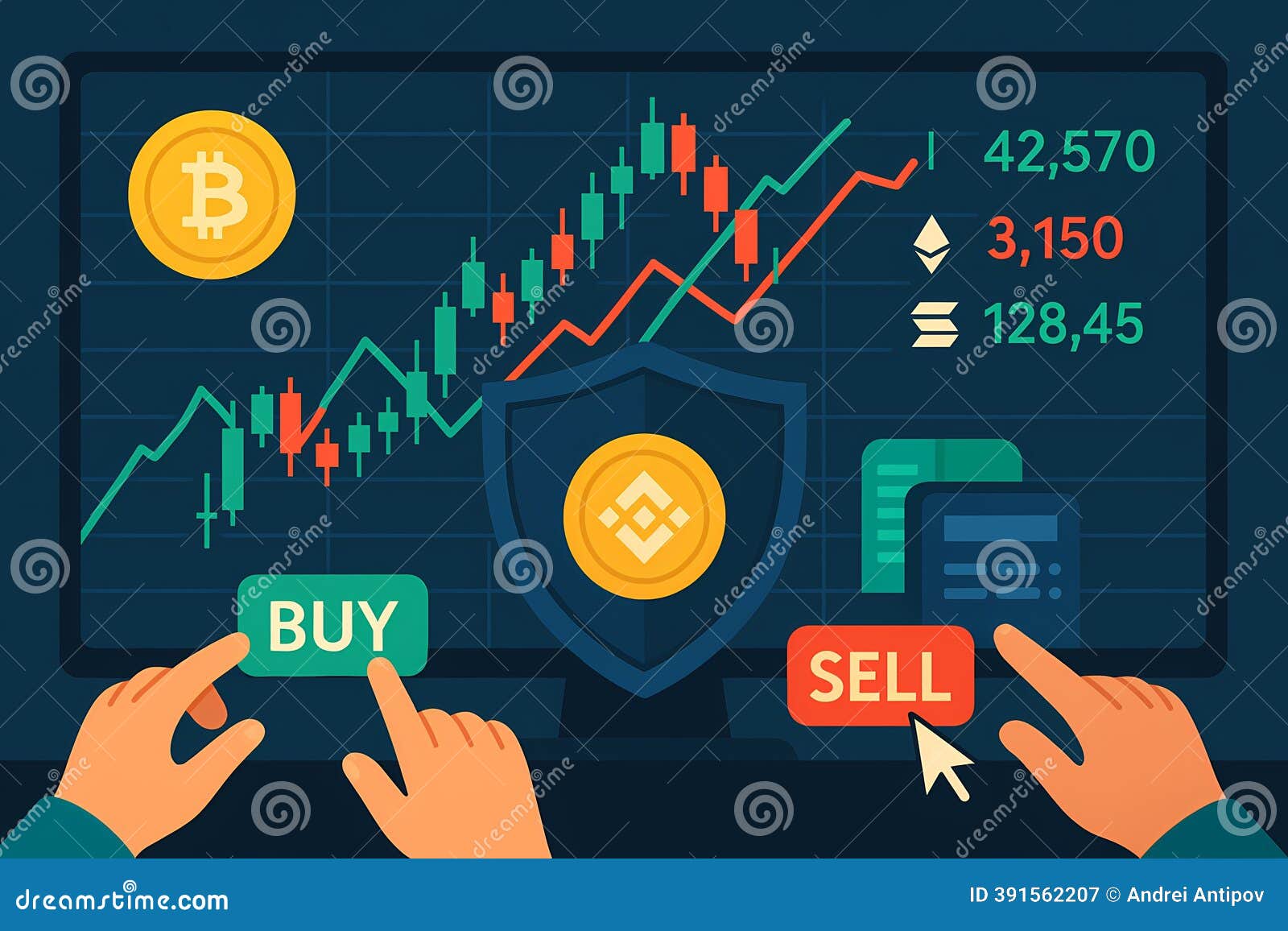 Cryptocurrency Trading Screen with Hands on Buy and Sell Buttons, AI  Generated Stock Illustration - Illustration of market, finance: 391562207