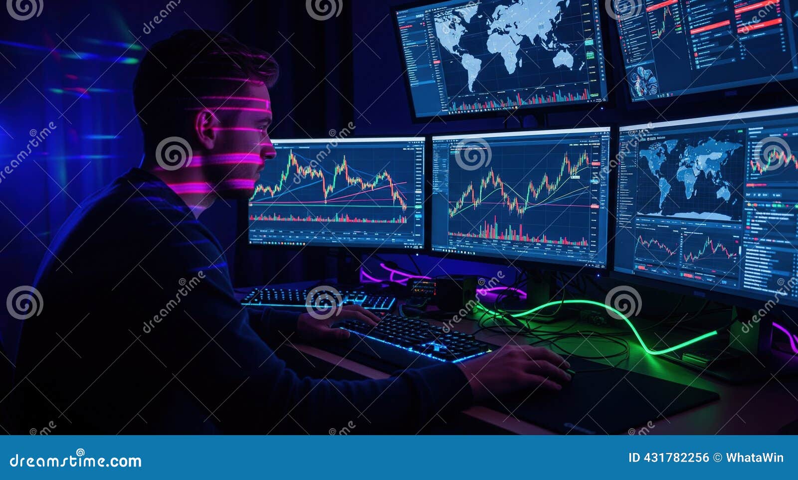 Cryptocurrency Trading Setup, Multiple Monitors Showing Charts, Dramatic  Lighting on Face Stock Photo - Image of protocol, stablecoin: 431782256