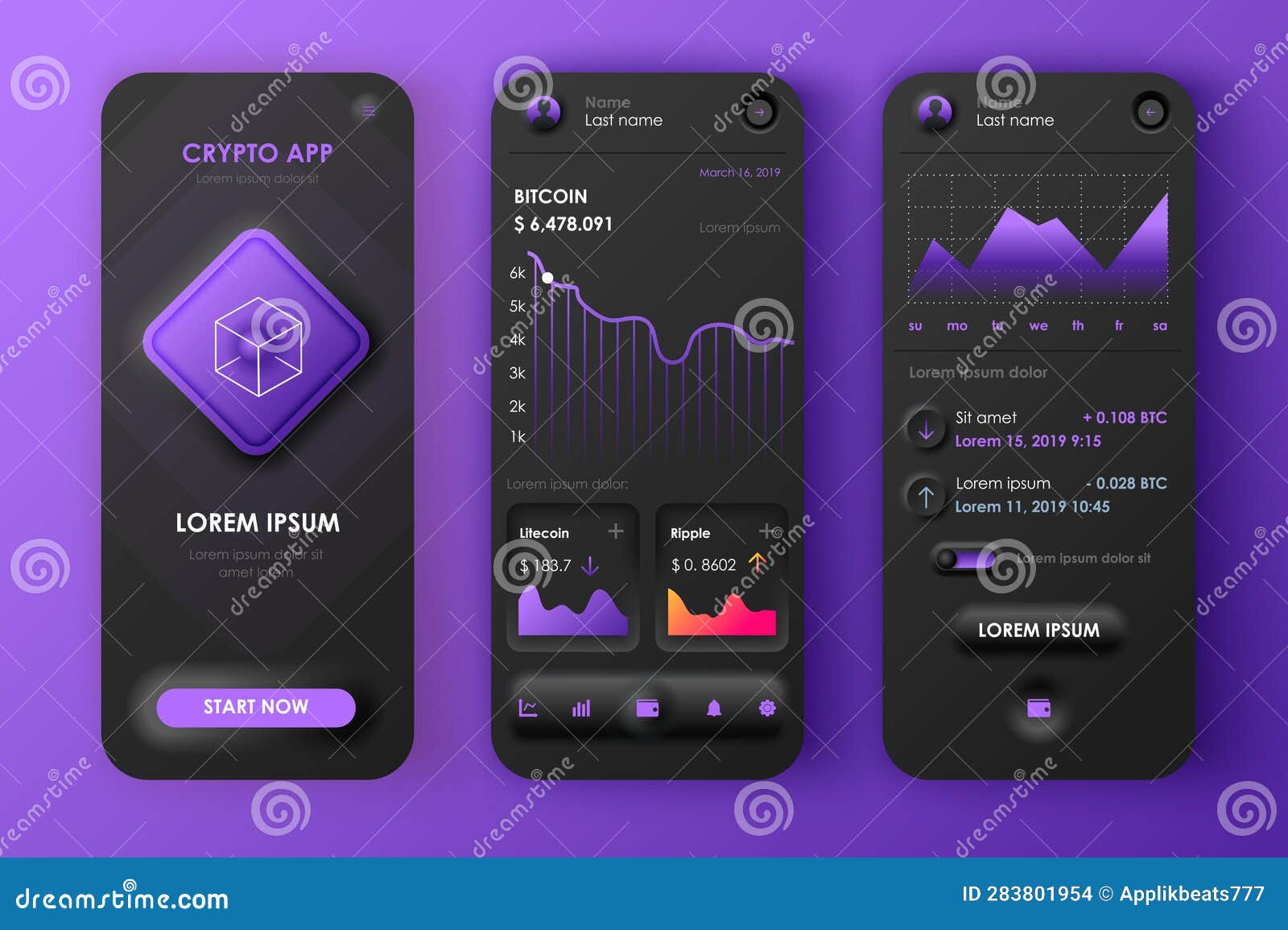 Cryptocurrency Unique Neomorphic Design Kit for Mobile App Neomorphism  Style. Bitcoin Mining Screens with Charts Stock Vector - Illustration of  vector, chart: 283801954