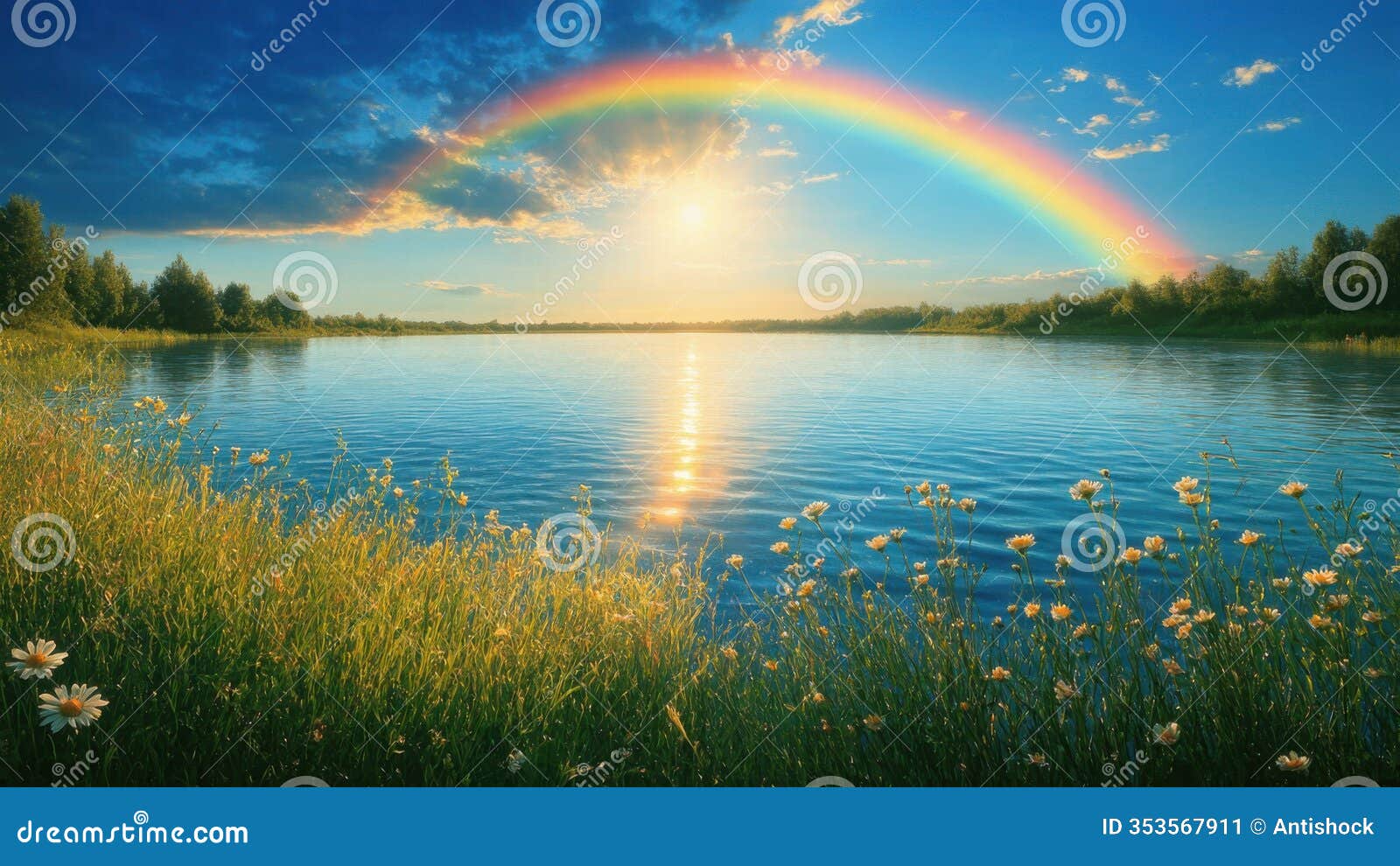crystal-clear lake surrounded by blooming wildflowers with sunlight shimmering on water and vibrant rainbow arcing