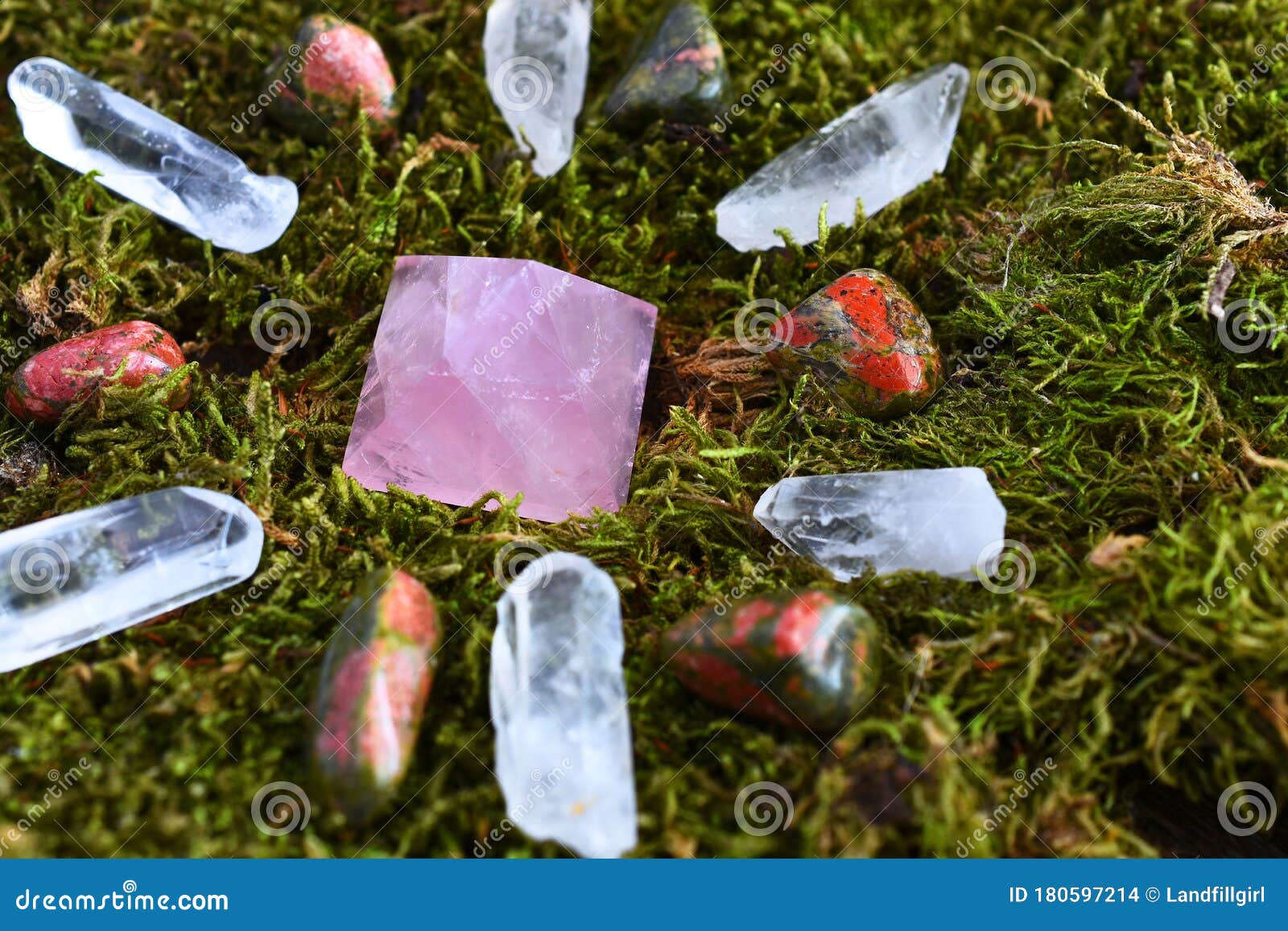 Crystal Healing Grid on Moss Stock Photo Image of nature, gemstone