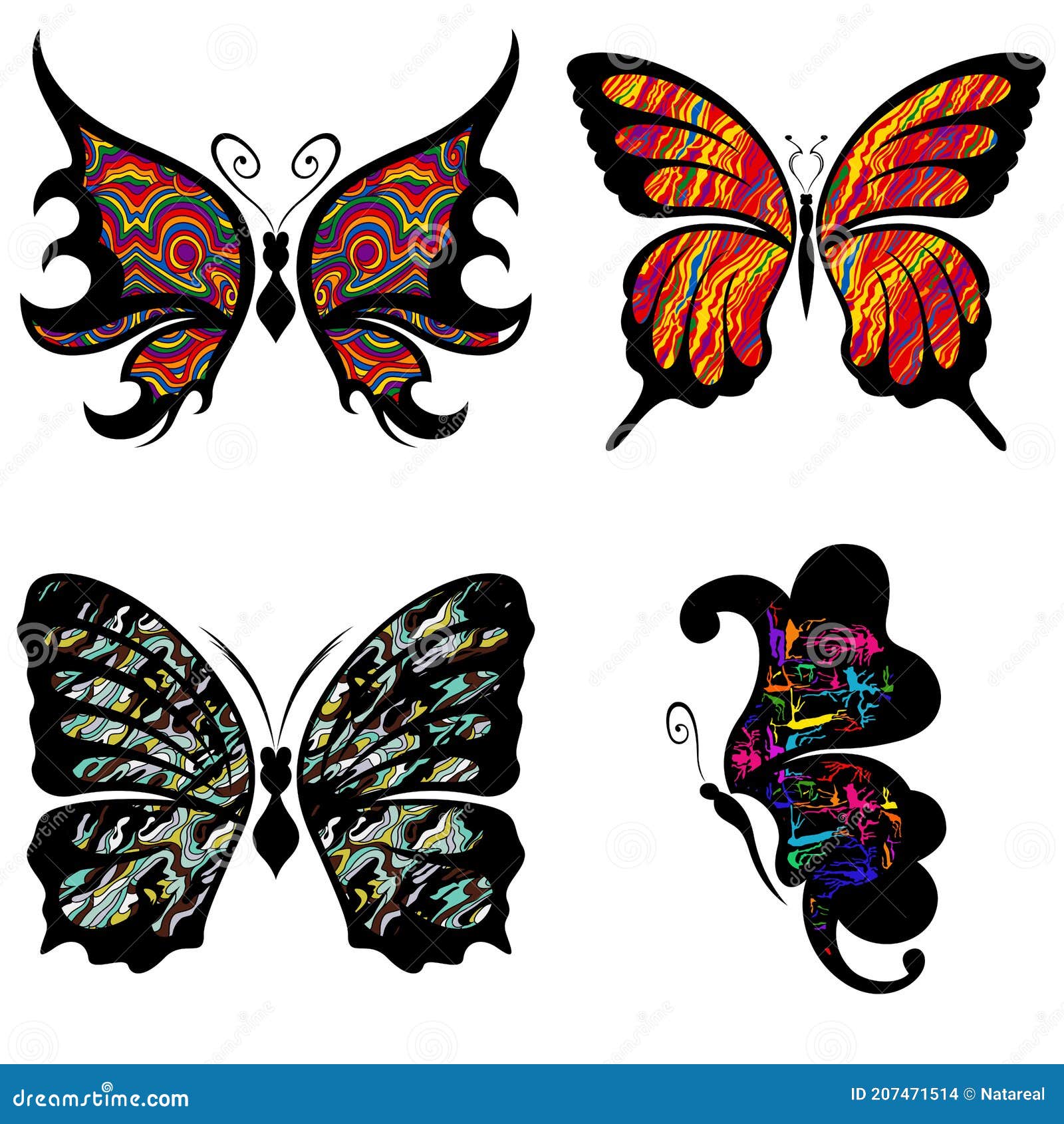 Cuatro Mariposas Decorativas Ilustración del Vector - Ilustración de  contorno, ambiente: 207471514
