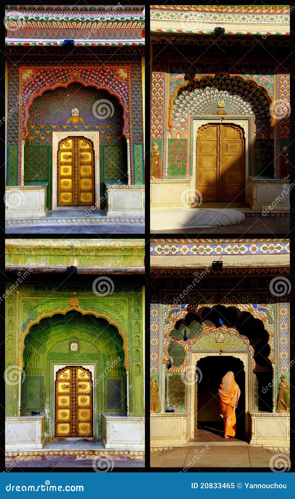 Cuatro puertas de las estaciones en Jaipur. Esto está en el patio interno del palacio de la ciudad de Jaipur. Cuatro pequeñas puertas (conocidas como político de Ridhi Sidhi) representan las cuatro estaciones. Las puertas son la puerta del pavo real (con adornos de pavos reales en el umbral) que representa otoño; la puerta del loto (con el modelo continuo de la flor y del pétalo) sugestiva de la estación de verano; la puerta verde, también llamada el Leheriya (significado: puerta de las ondas), en suggestiv del color verde