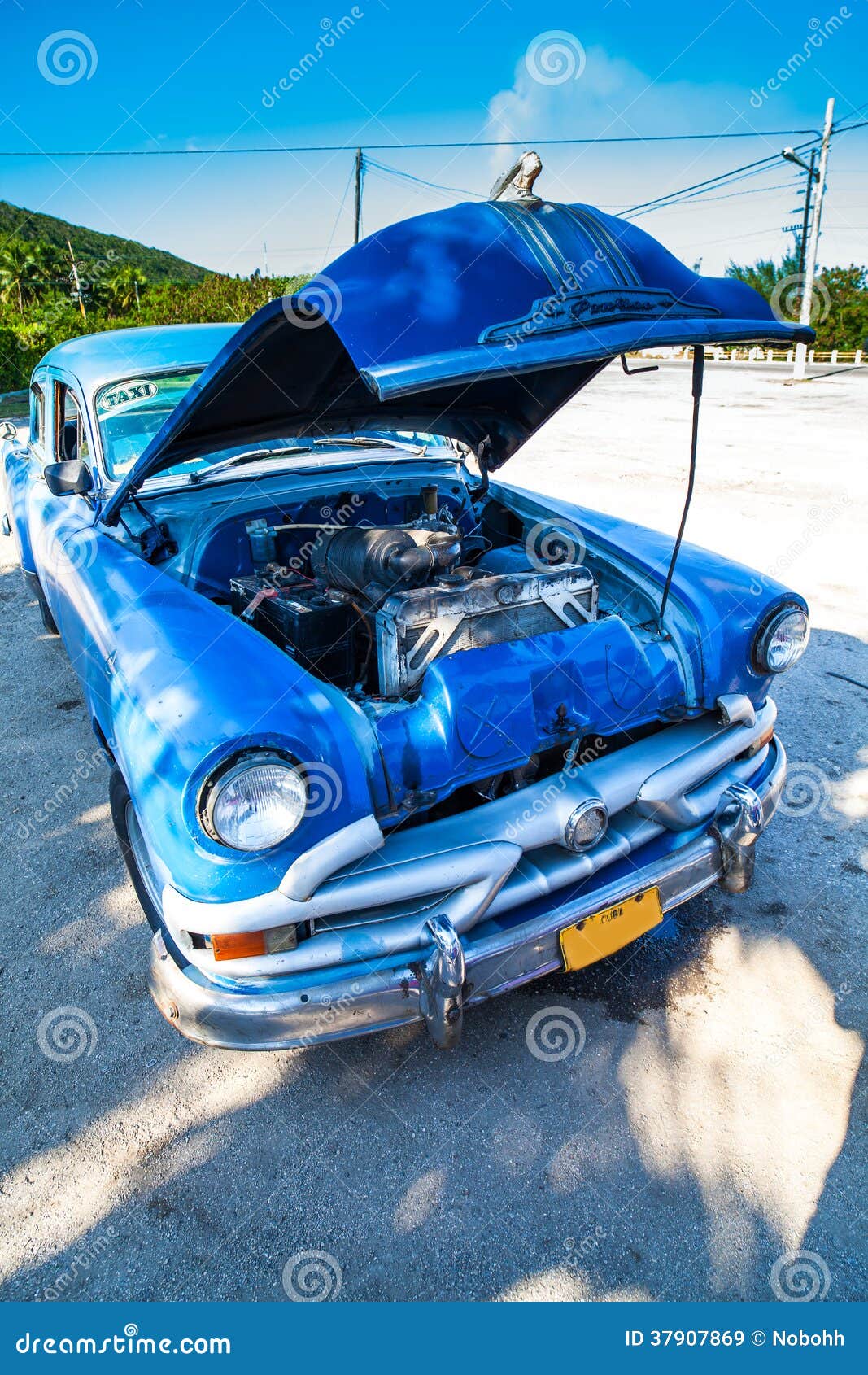 Cuba Classic American Car with Open Hood Front View Editorial Stock