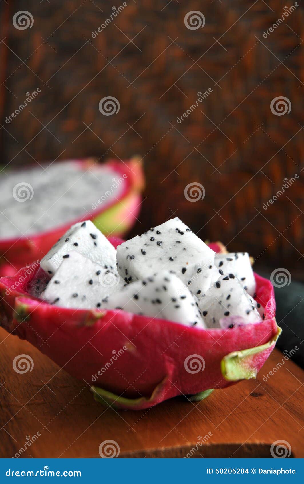 Cube dragon fruit. Cube of fresh dragon fruit serve in dragon fruit skin