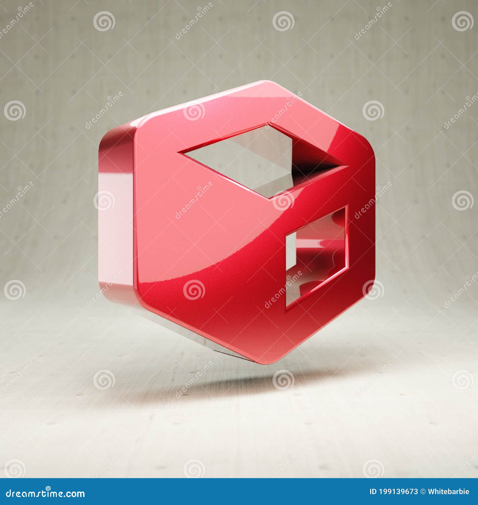 Cube Icon. Red Glossy Metallic Cube Symbol Isolated on White Concrete ...