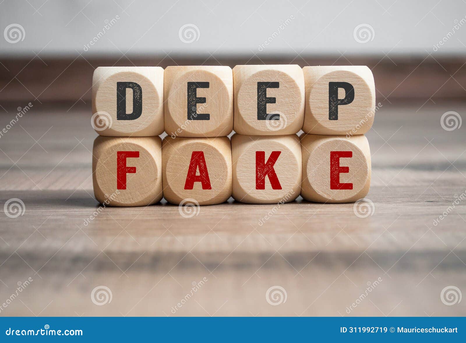 cubes, dice or blocks with deep fake, deepfake on wooden background