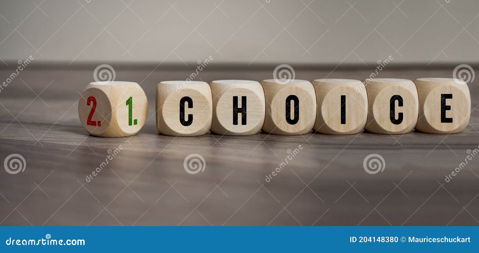 cubes, dice or blocks with first and second choice and the german translation erste wahl und zweite wahl on wooden background