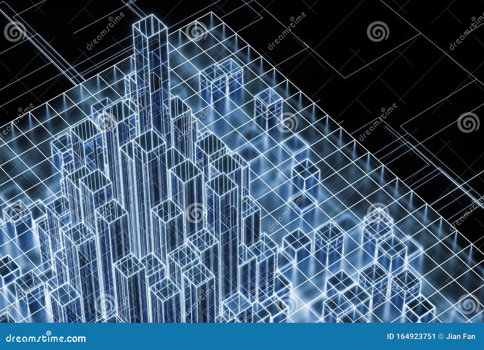 cubes and lines with dark background, 3d rendering