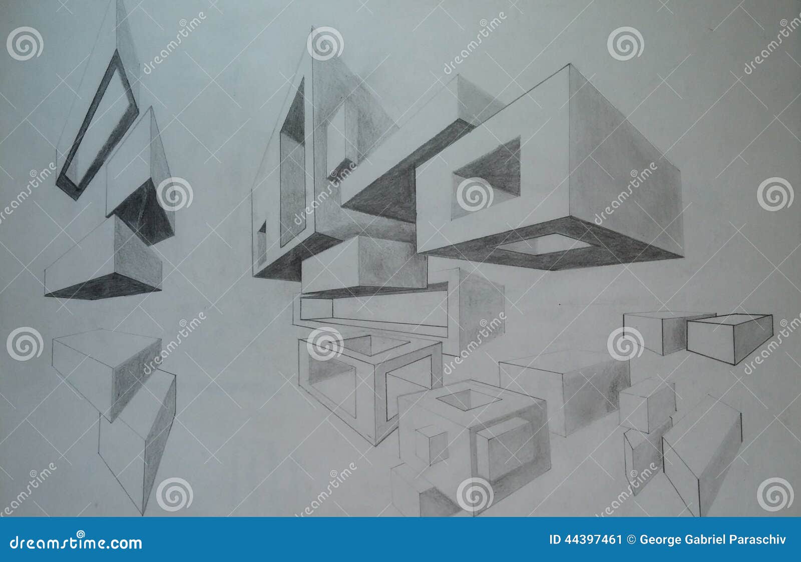 Cubica el dibujo de lápiz hecho por un 5to graduador - original. Perspectiva de desaparición de dos puntos - el dibujo de lápiz de los cubos y de las formas 3d estudió en escuela por un 5to graduador