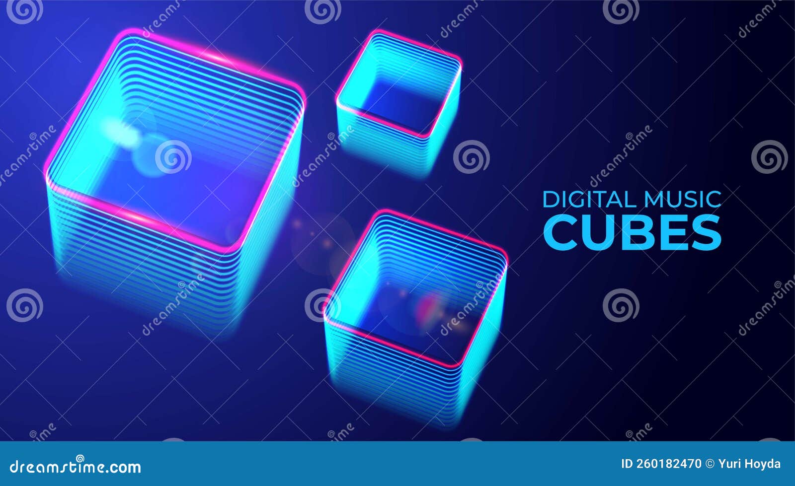 Cubos Isométricos De Neon Azul Brilhante. Tecnologia De Jogos De