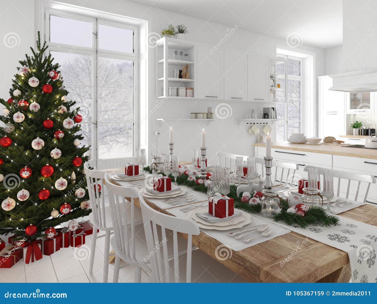 Cucina Natale.Cucina Nordica Con La Decorazione Di Natale Di Giorno Rappresentazione 3d Illustrazione Di Stock Illustrazione Di Luce Cosy 105367159