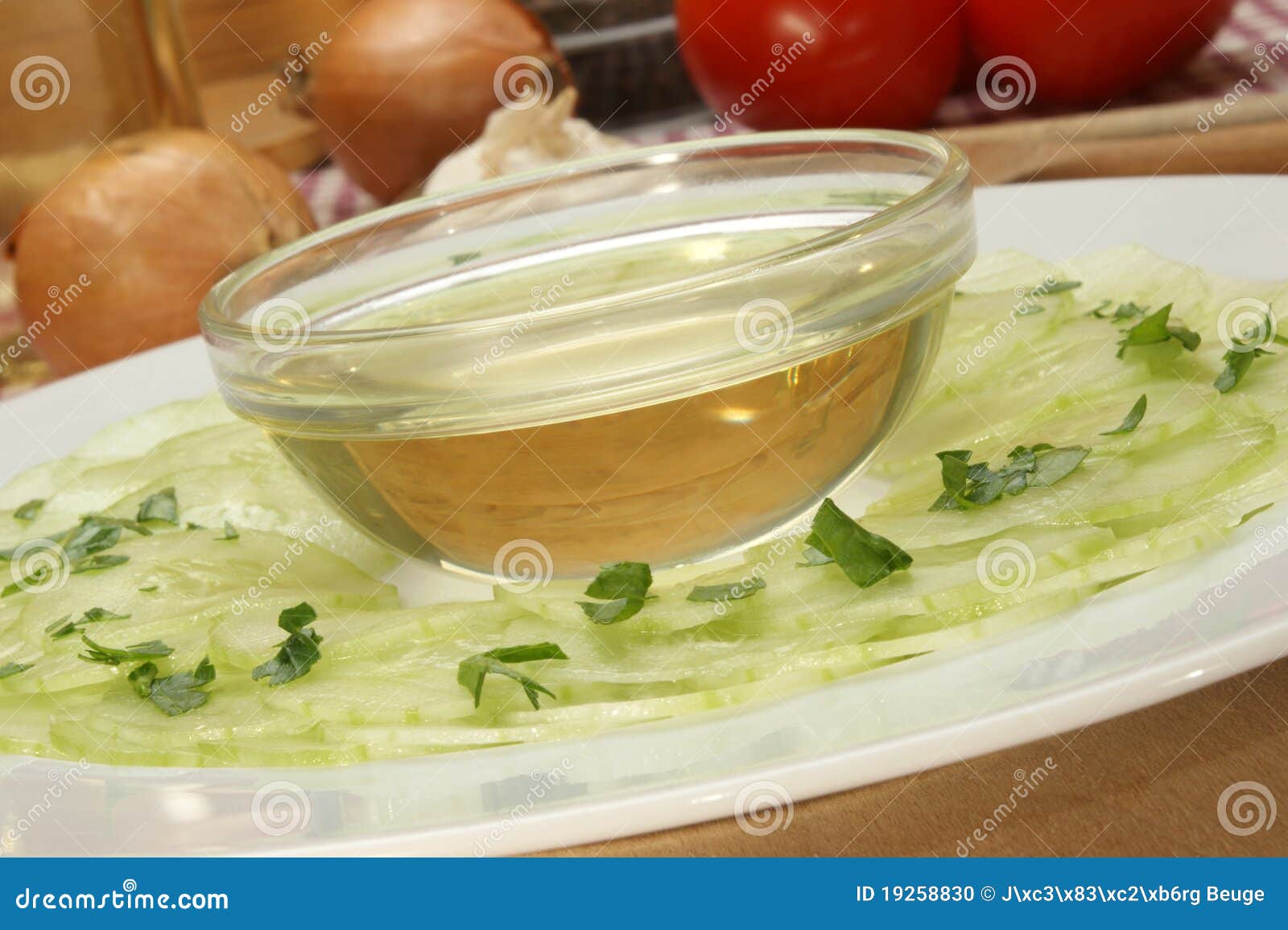 Cucumber Salad with a Bowl of Oil Stock Photo Image of glass, dish