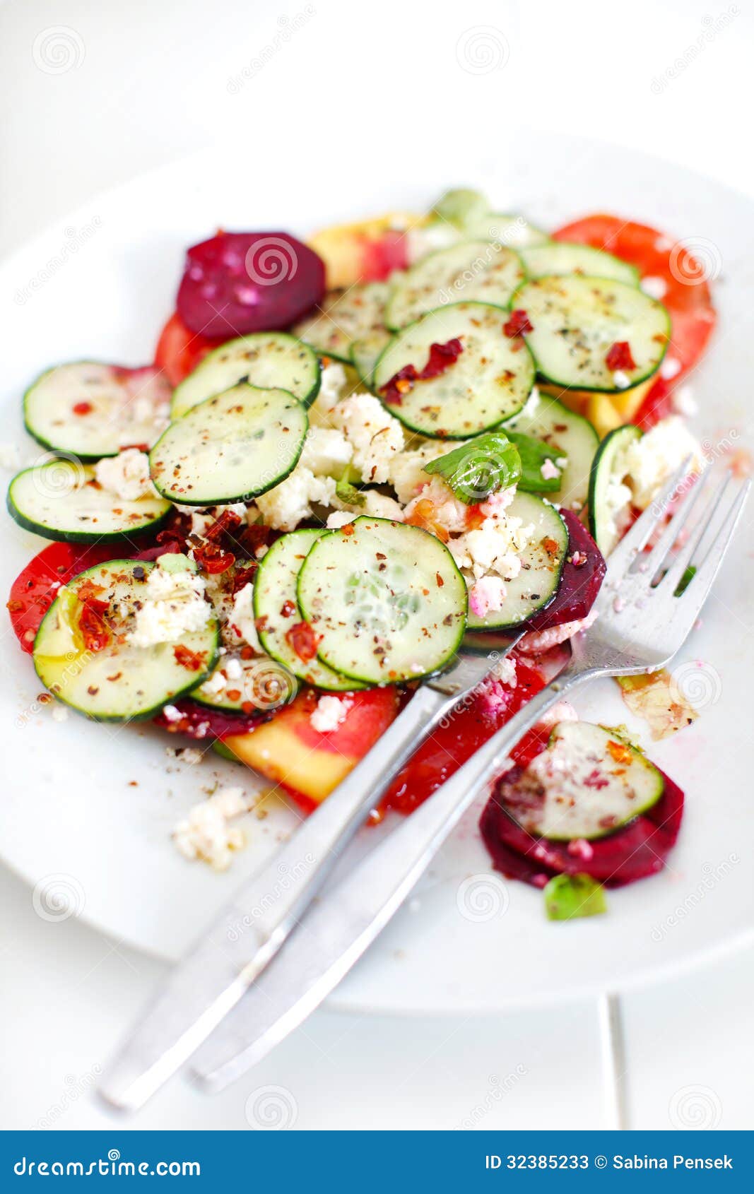 Cucumber Salad with Tomatoes, Cottage Cheese and Chili Stock Image