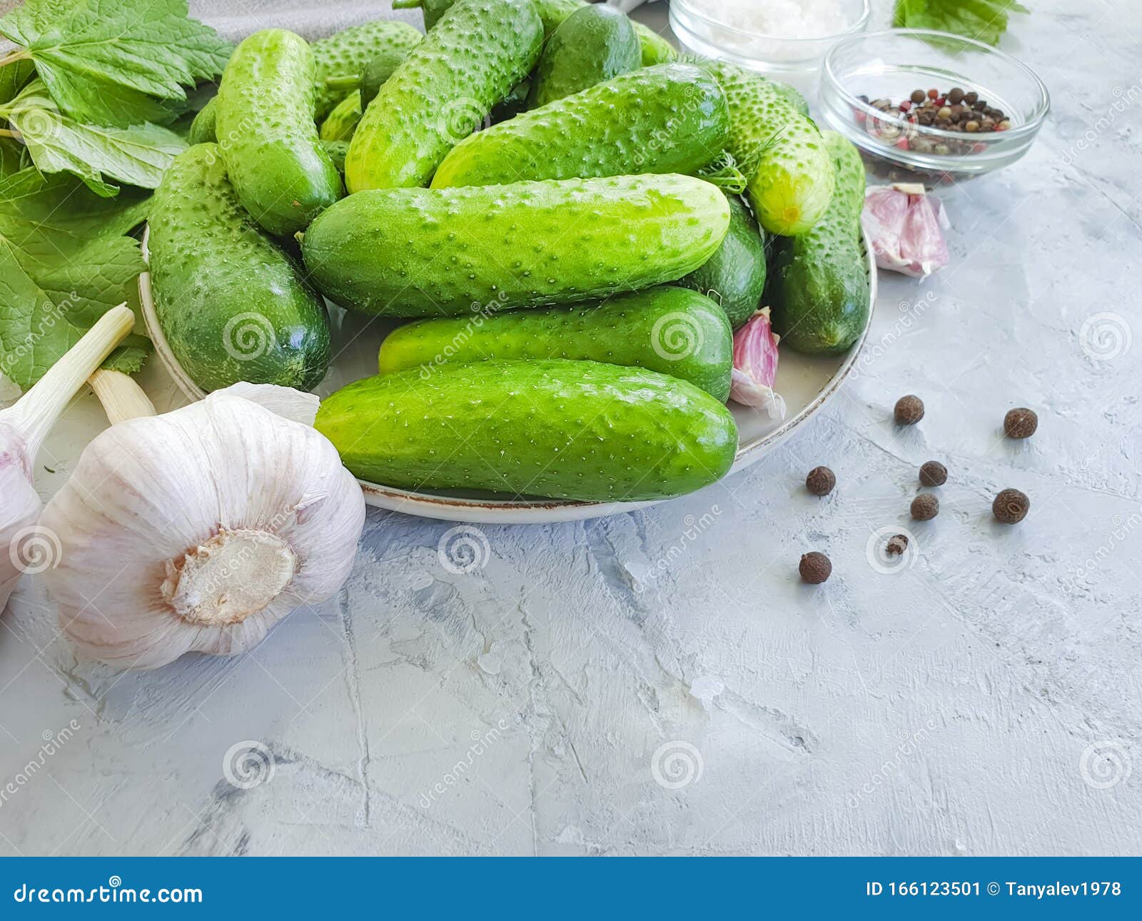Cucumbers Salt Pepper Concrete Background Stock Image Image of garlic