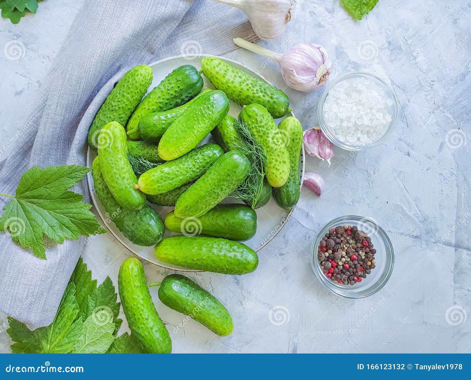 Cucumbers Salt Pepper Preserve Concrete Background Stock Photo Image