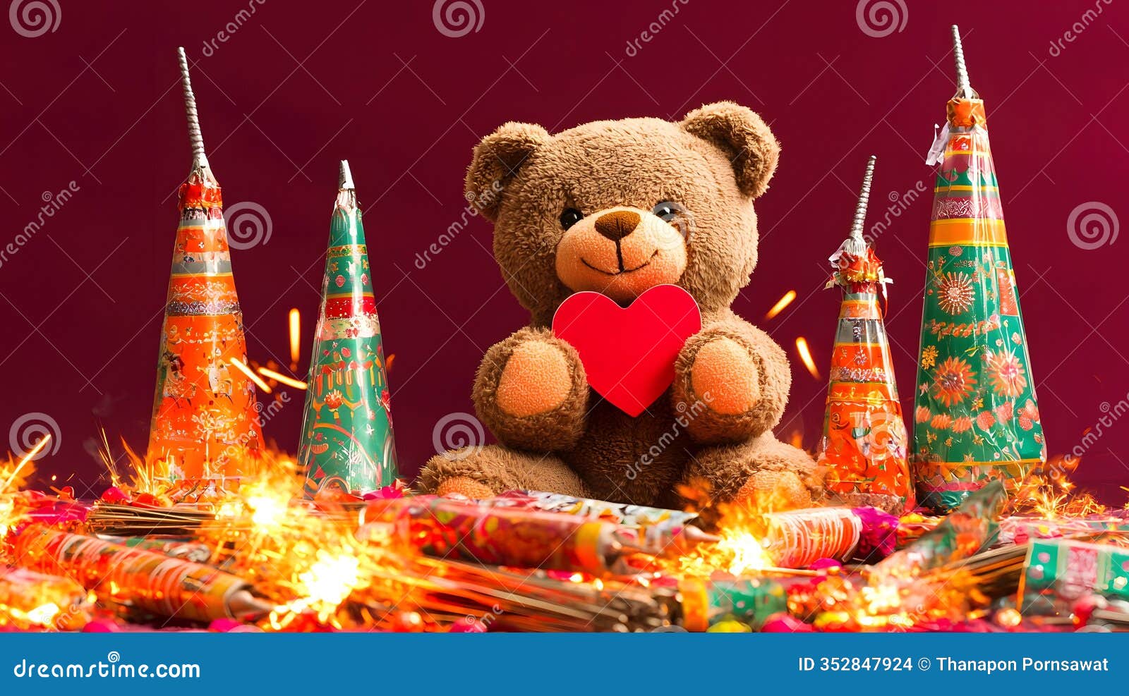 teddy bear holding heart amidst festive firecrackers ai generated.