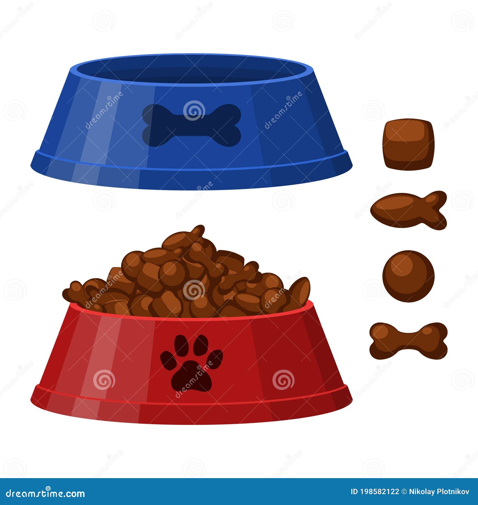 Cuencos De Comida Seca Para Perros O Gatos Gripes En Forma De Hueso Y  Pescado Cuenco De Mascotas Rojo Y Azul Con Comida Seca Vect Ilustración del  Vector - Ilustración de pila,