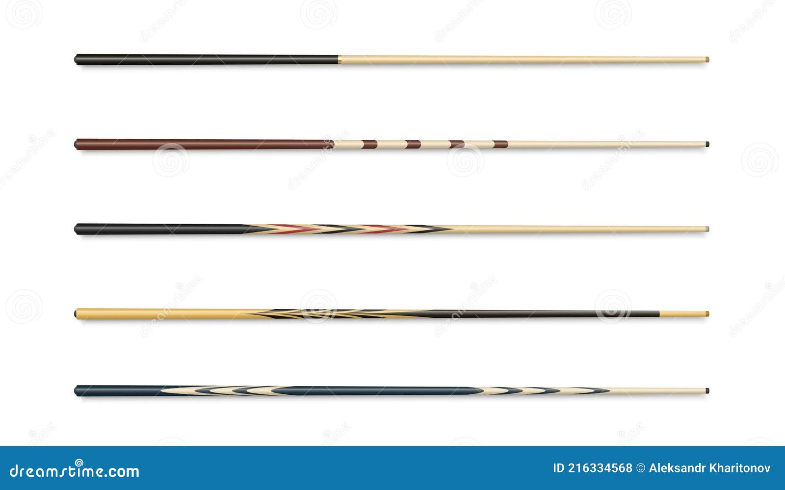 cues for billiard, snooker realistic templates set . wooden sticks with various  for cuesports.